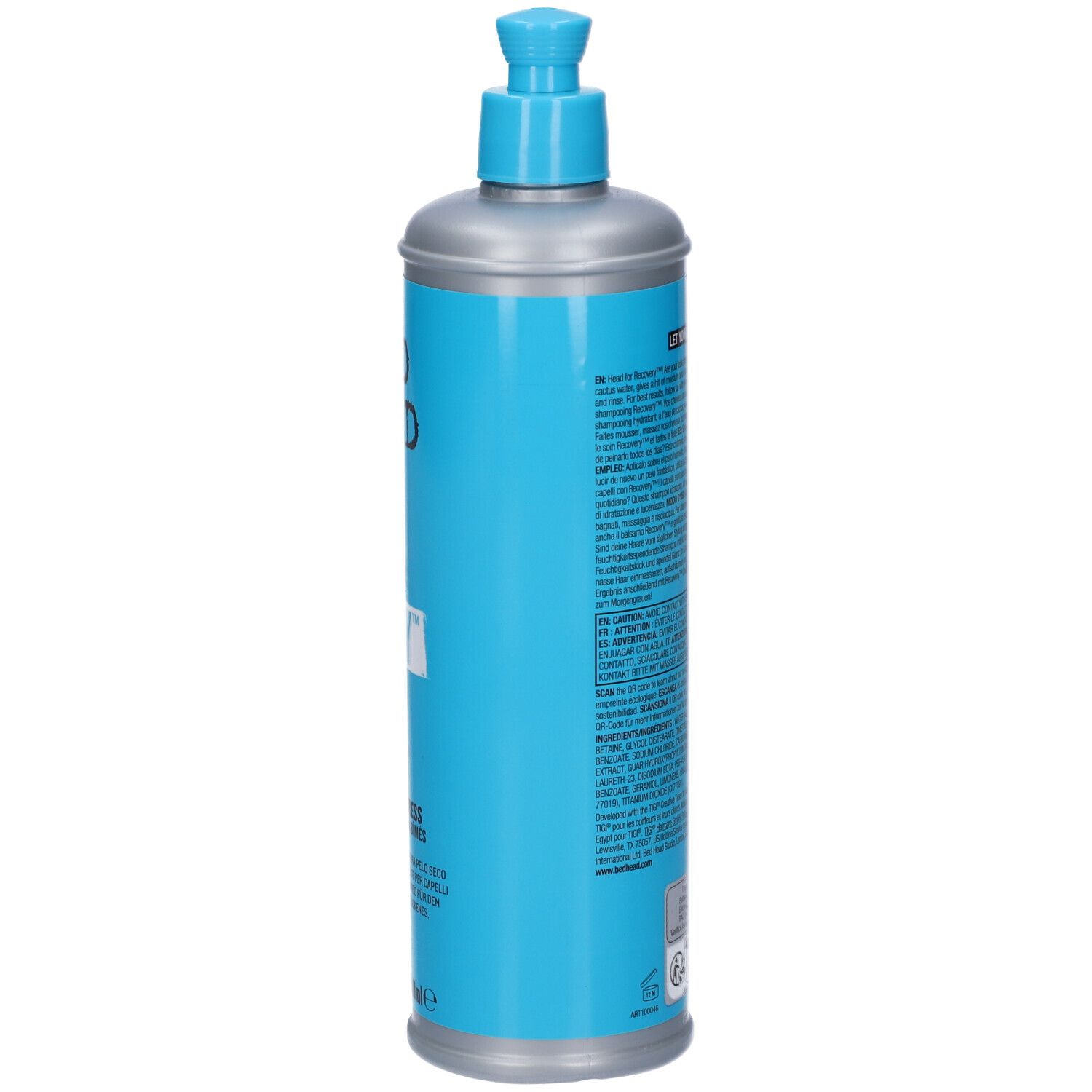 Produit Bed Head Tigi dans une bouteille bleue et argentée avec distributeur à pompe, 750 ml.
