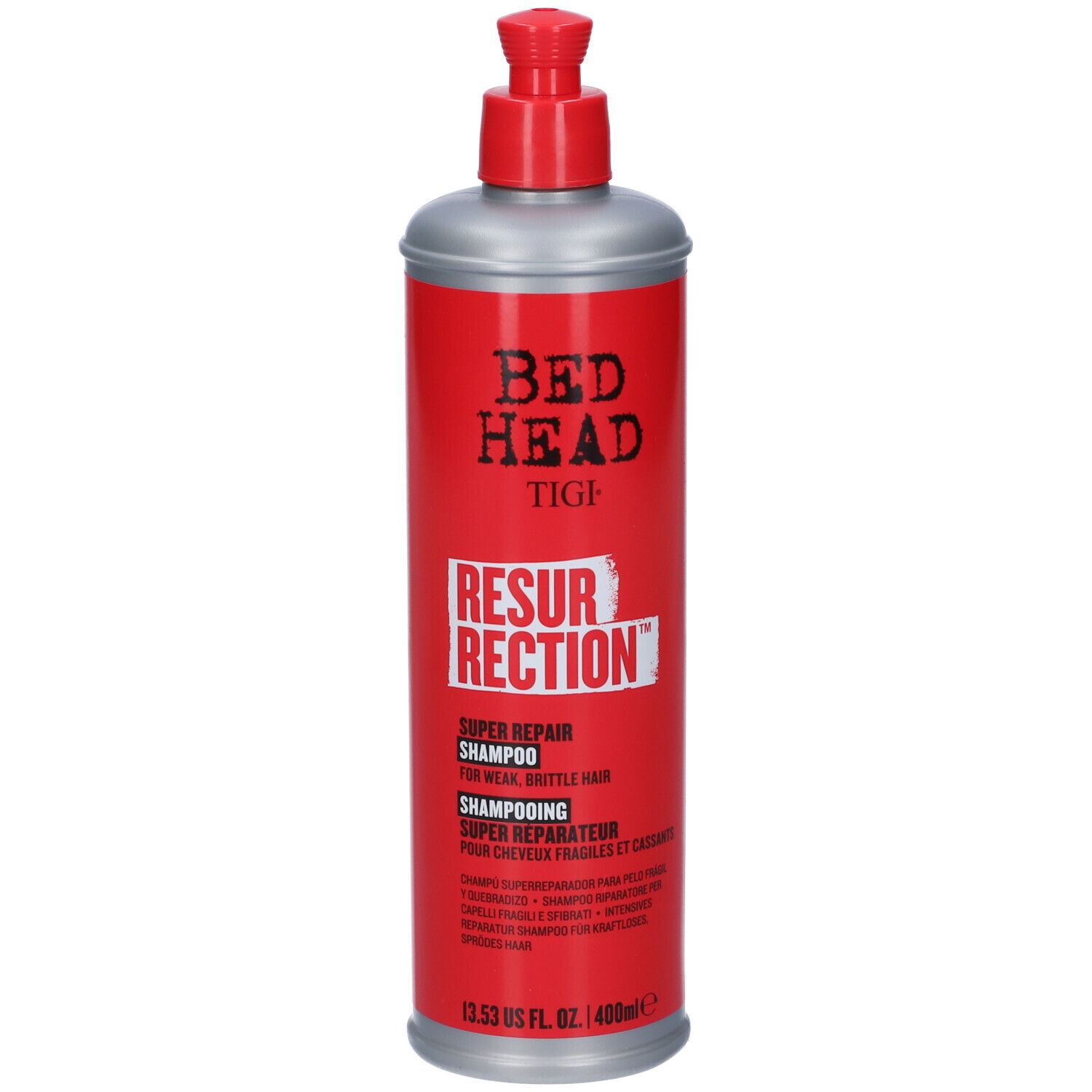 Bouteille rouge avec tête de pulvérisation argentée, shampooing "Bed Head Tigi Resurrection".