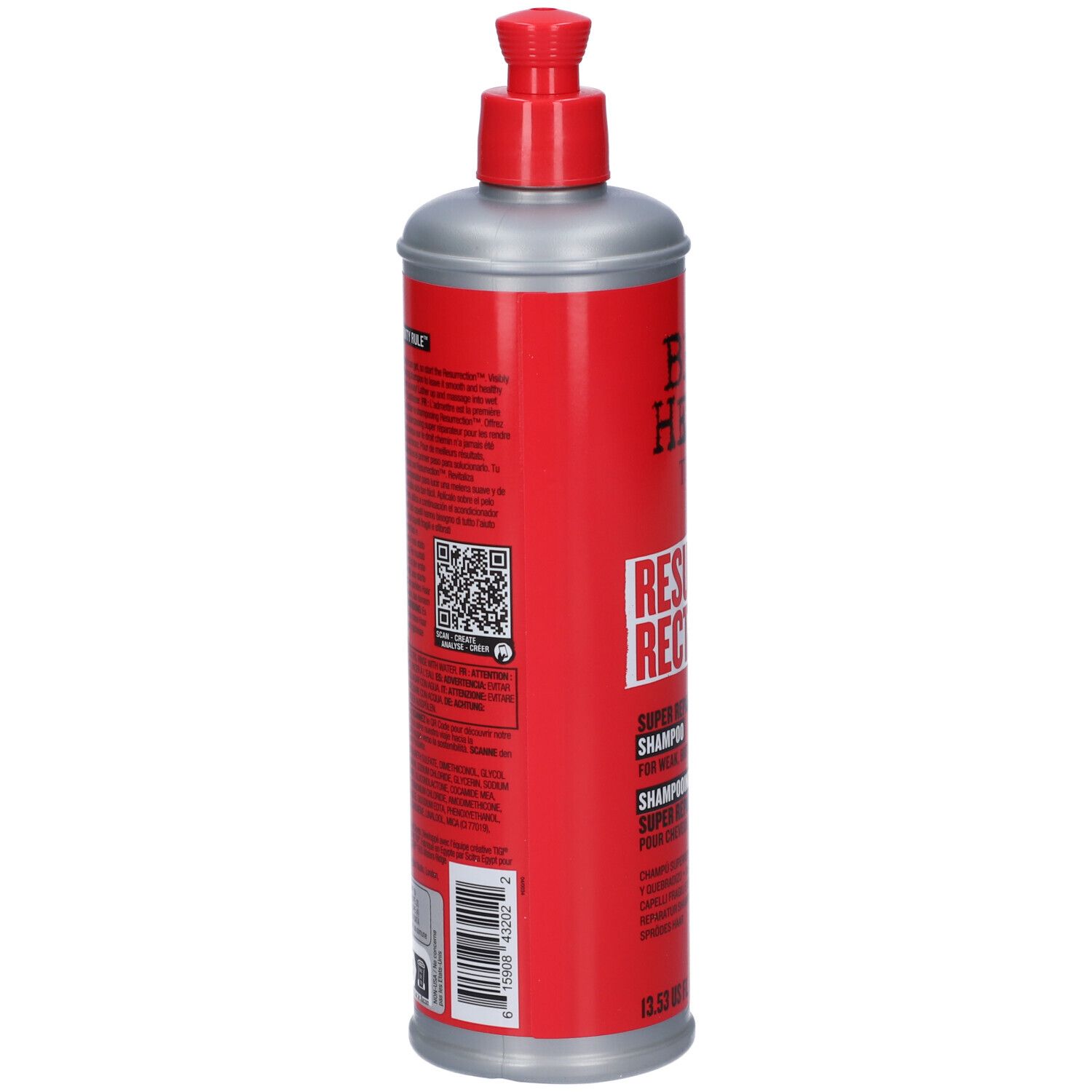 Shampooing Bed Head TIGI Resurrection, bouteille rouge avec distributeur.