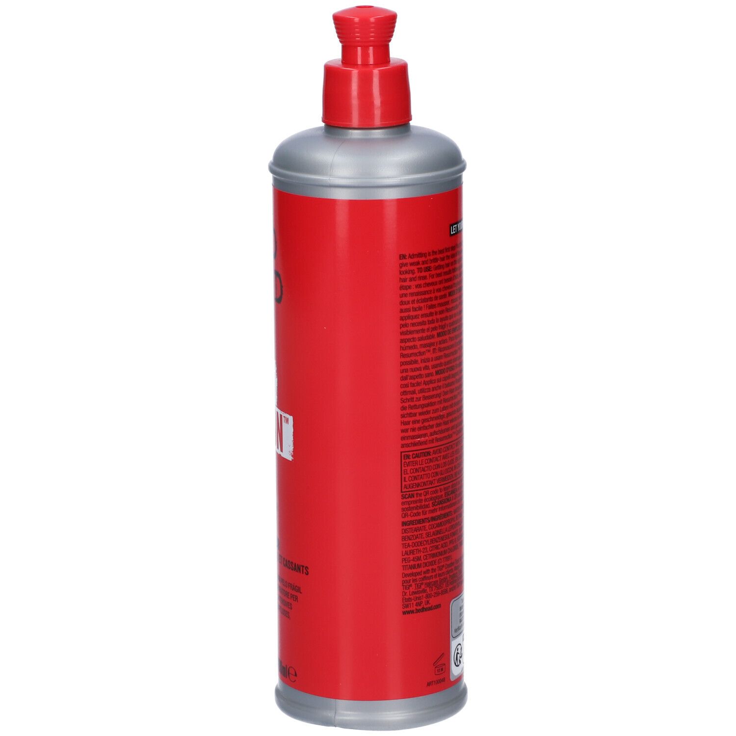 Bouteille rouge avec distributeur argenté et base argentée.