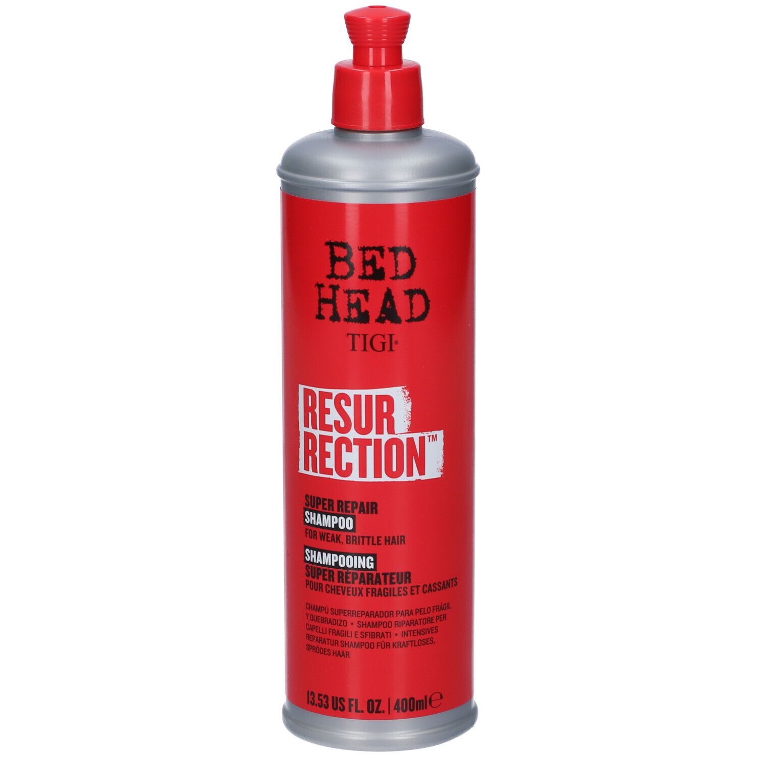 BED HEAD TIGI RESURRECTION Super Repair Shampoo, bouteille rouge avec distributeur argenté.