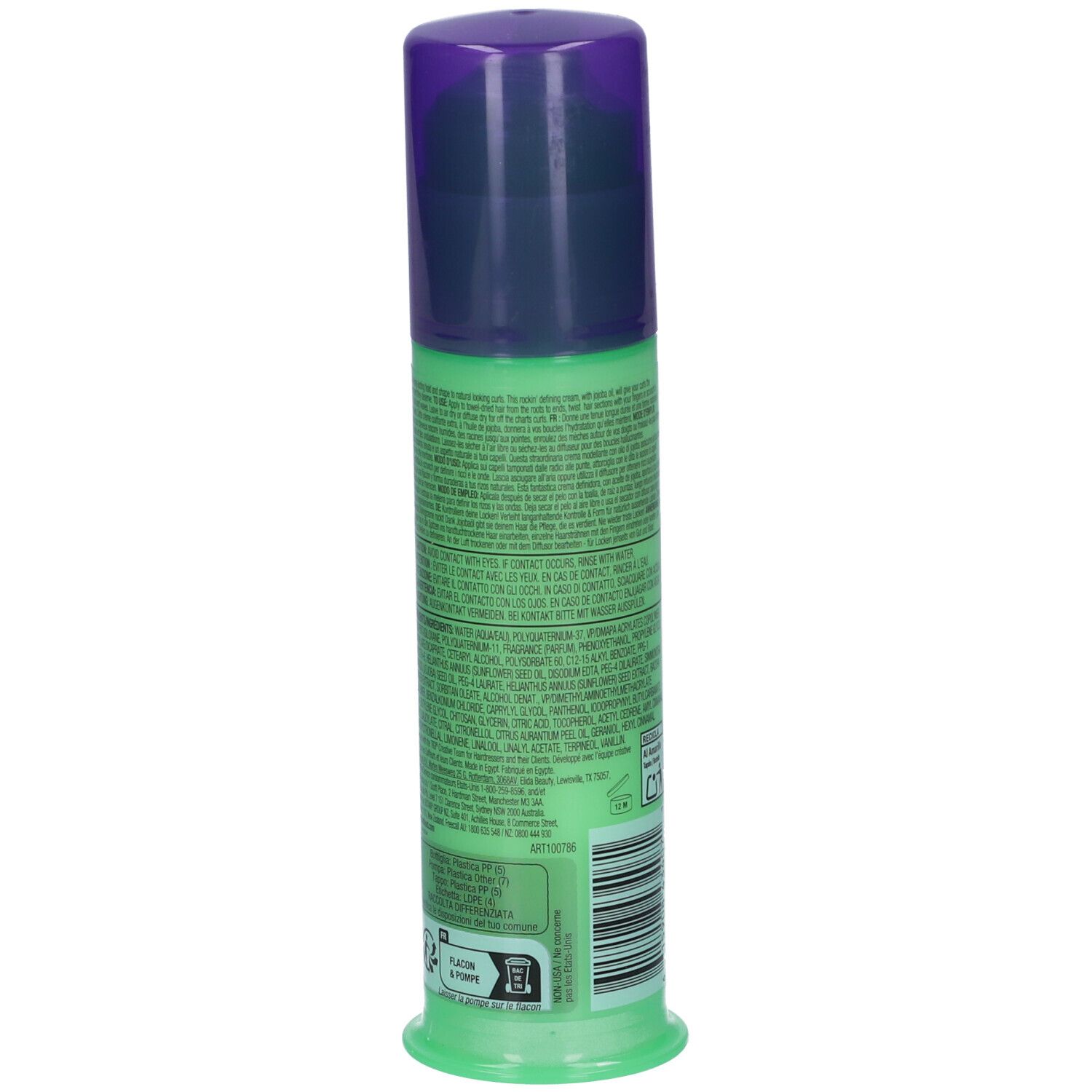 Flacon vert avec distributeur pompe turquoise et bouchon violet. Texte en anglais et français.