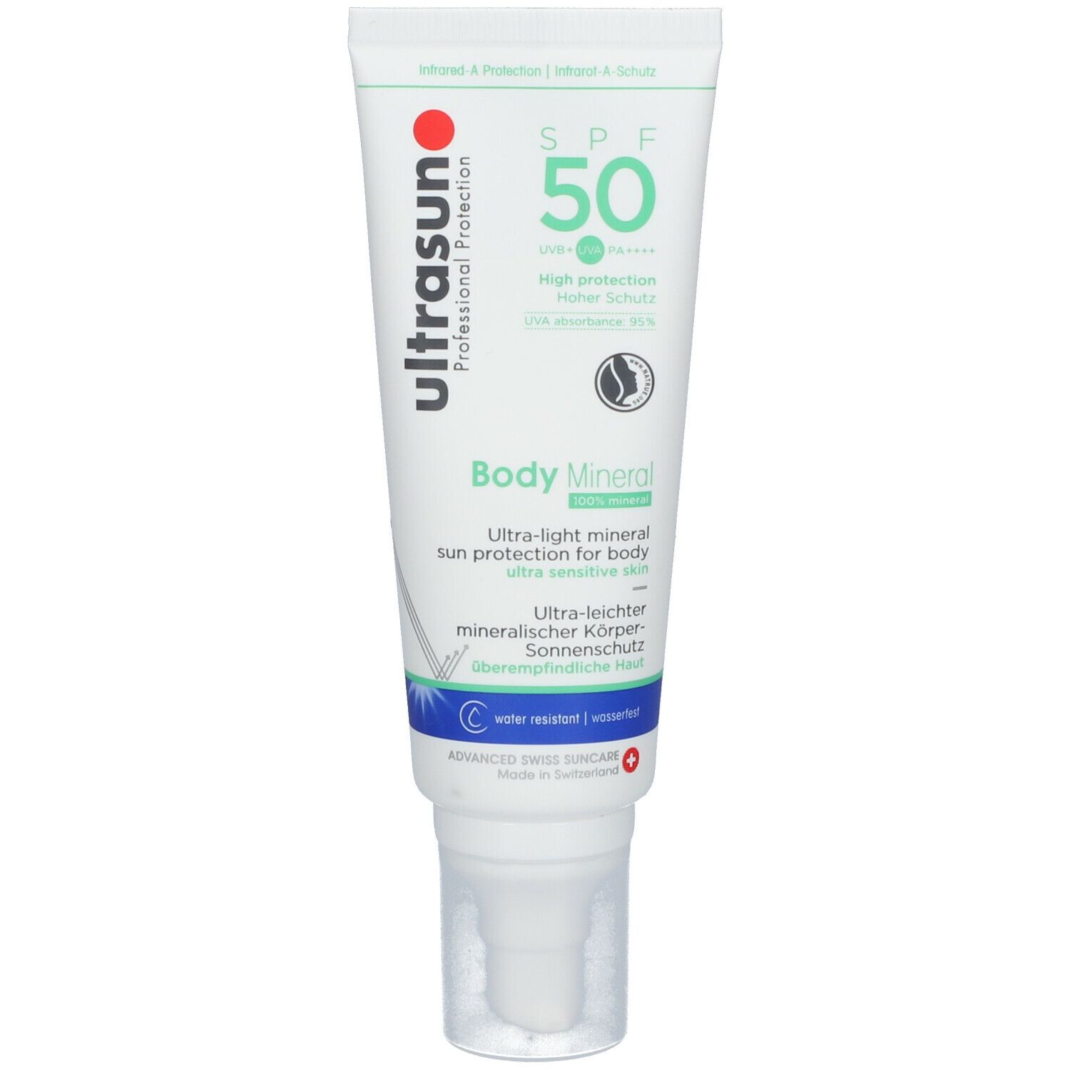 Witte tube met groene en rode opdruk. Bevat zonnebrandcrème SPF 50. Merk: Ultrasun. Product: Body Mineral.