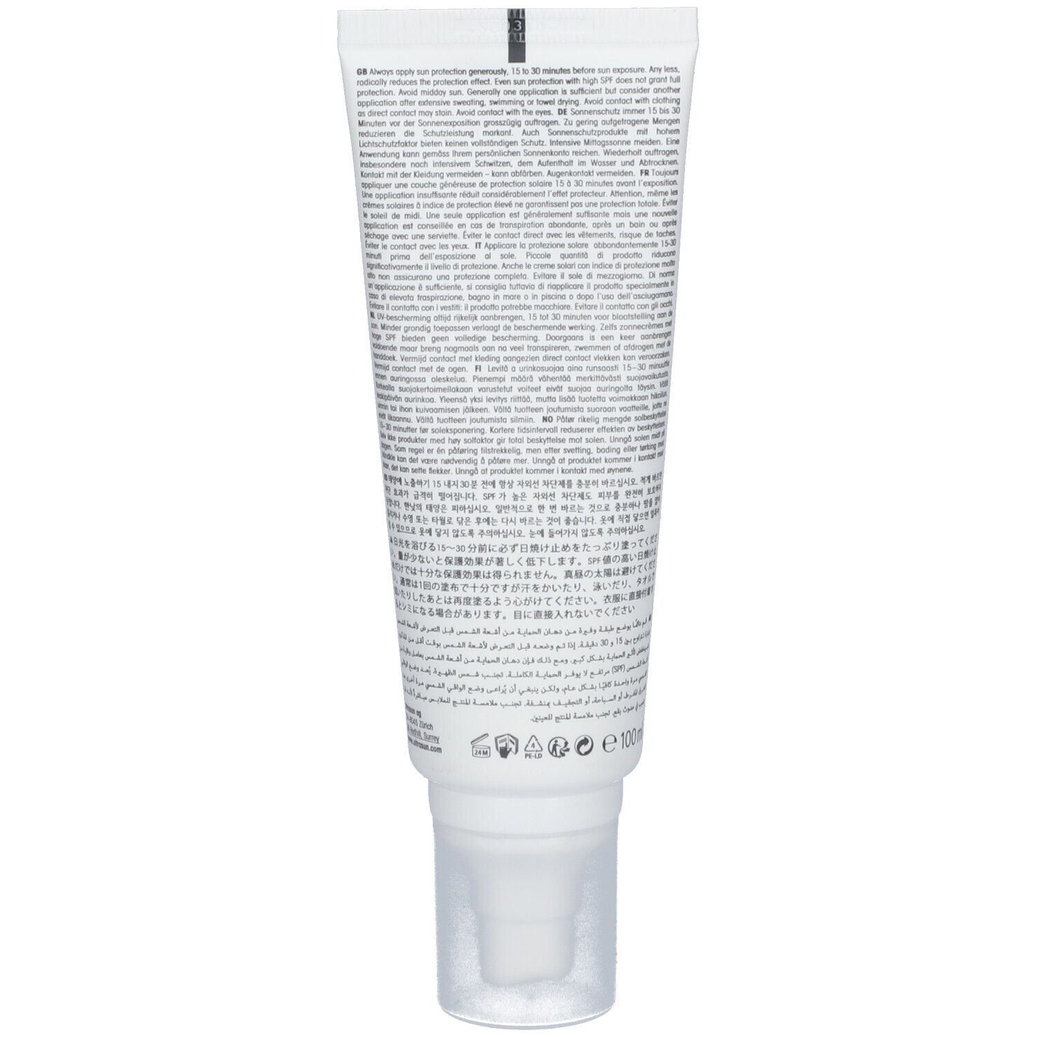 Achterkant van een witte tube. Tekst in meerdere talen. Bevat informatie over het product en ingrediënten.