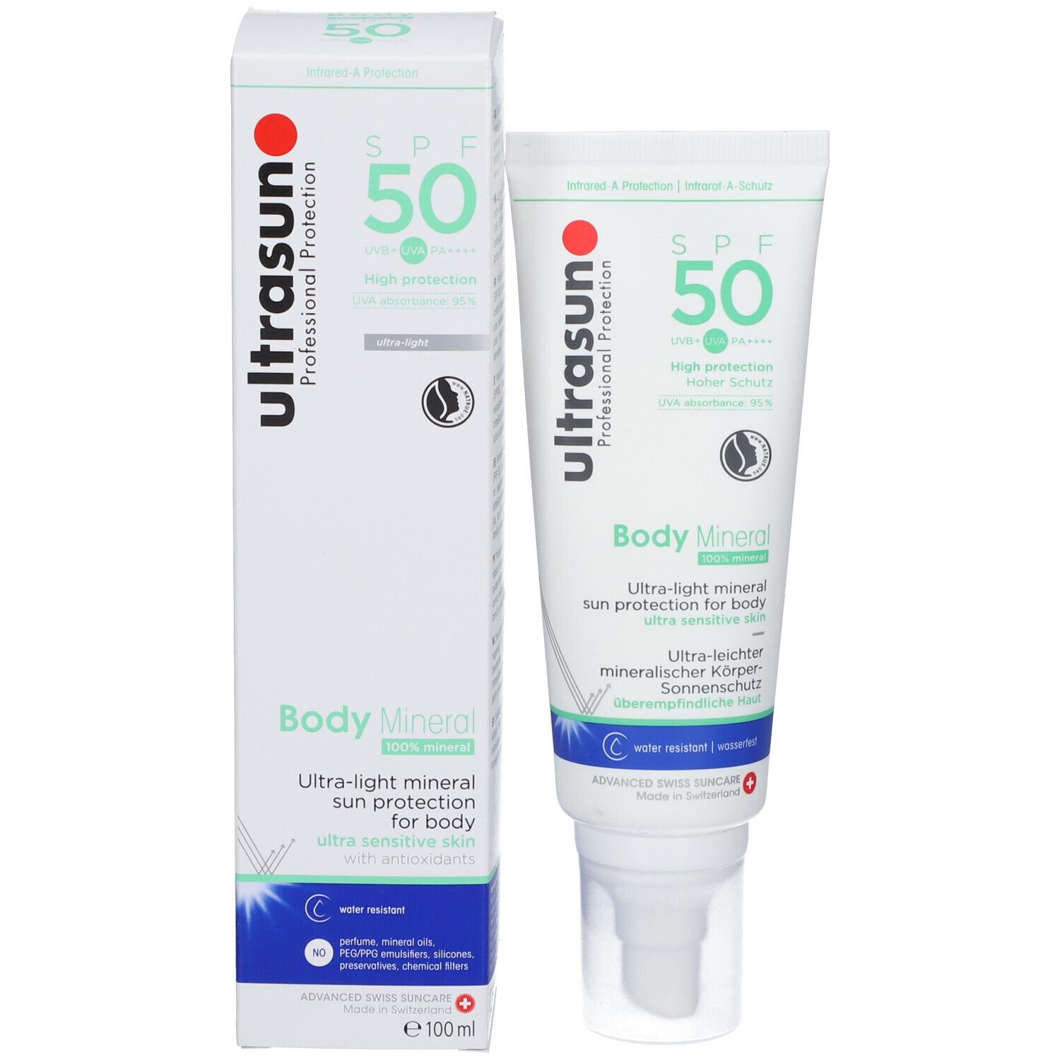 Productverpakking met tube en doos. Tube: wit, groen, rood. Doos: wit, groen, rood. Merk: Ultrasun. Product: Body Mineral SPF 50.