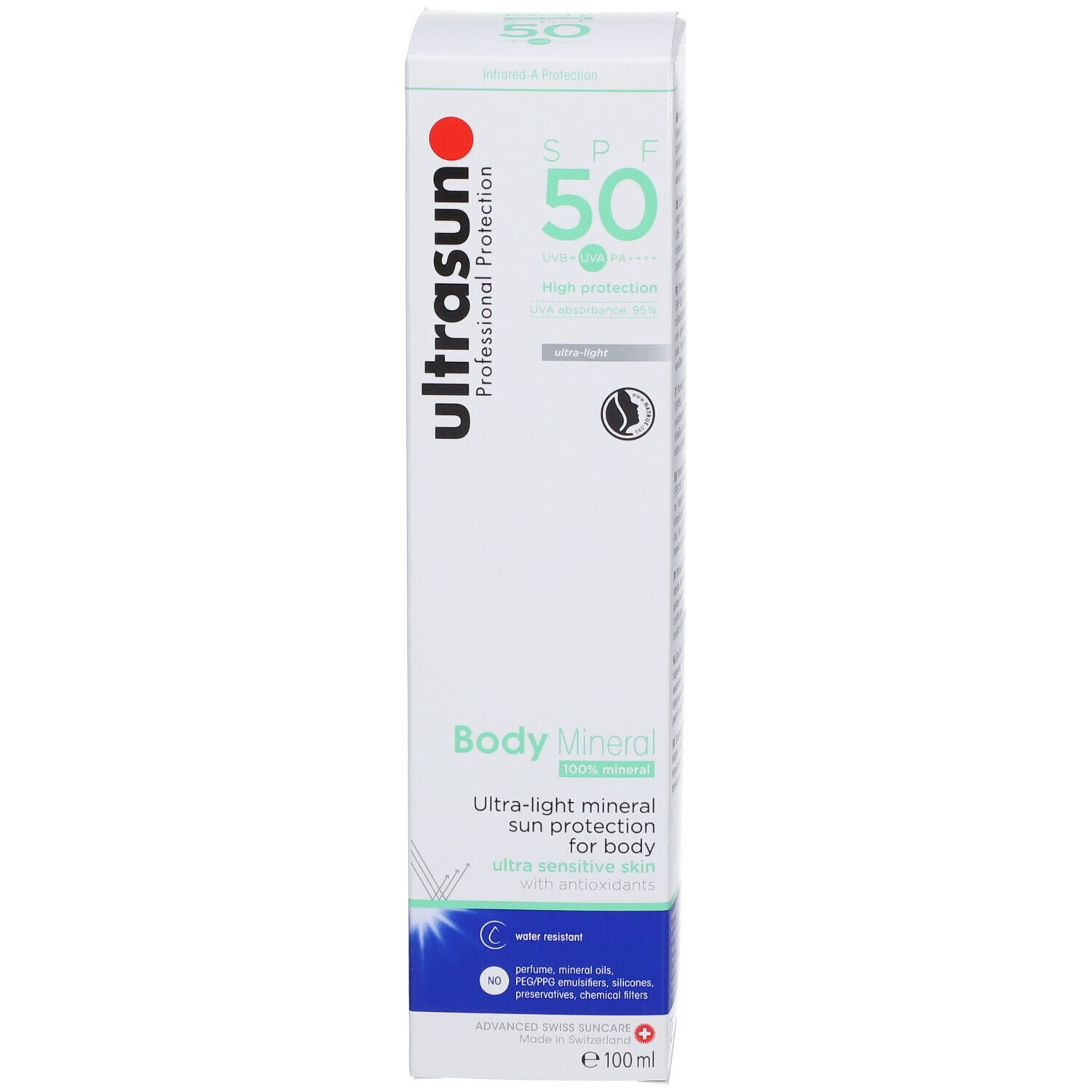 Witte productverpakking met groene en rode opdruk. Merk: Ultrasun. Product: Body Mineral SPF 50. Bevat productinformatie.