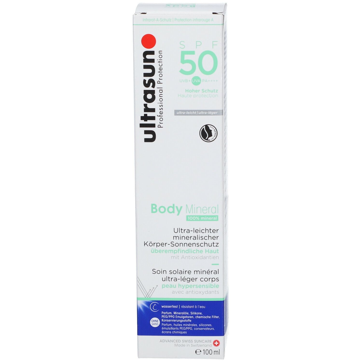Witte productverpakking met groene en rode opdruk. Merk: Ultrasun. Product: Body Mineral. Bevat productinformatie.