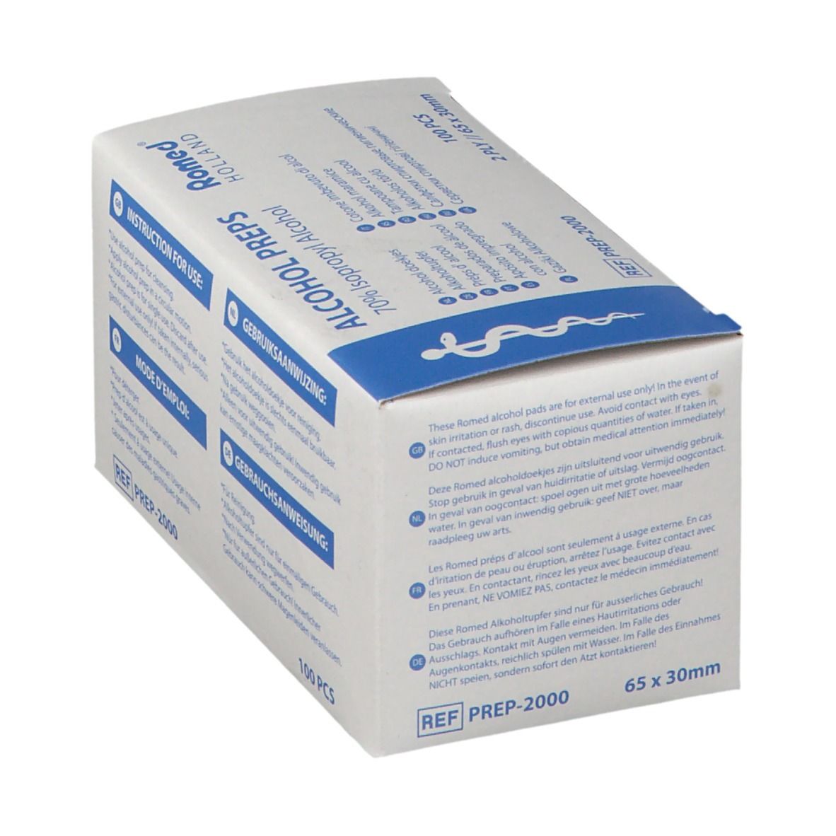 Boîte en carton de tampons imbibés d'alcool. Inscription : Alcohol Preps, 70% Isopropyl Alcohol. 100 pièces, 65 x 30mm. Avertissements multilingues.