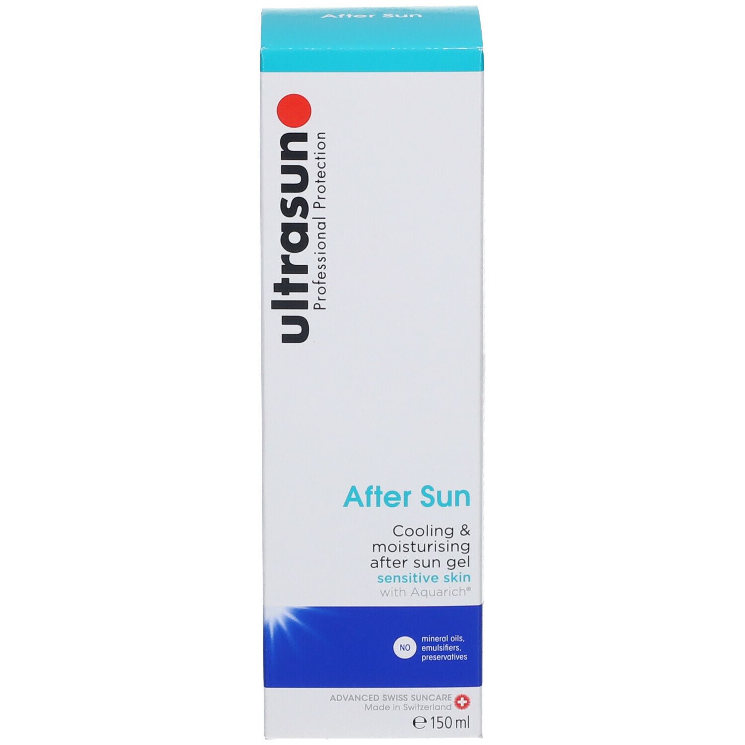 Boîte blanche avec texte. Inscription : ultrasun, After Sun. Accents bleus et rouges. e150 ml.