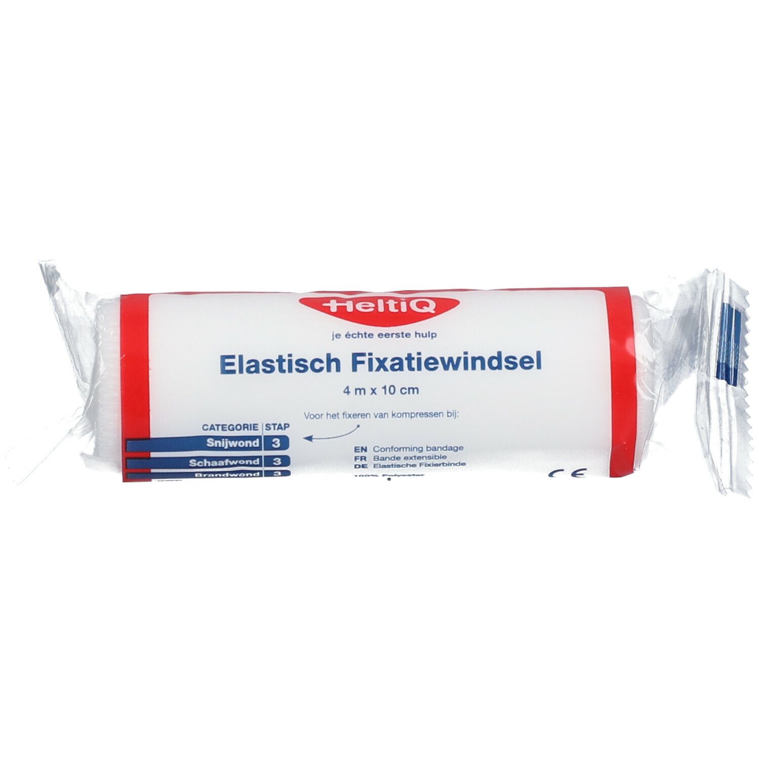 Verpakte elastische fixatiewindsel. Opschrift: HeltiQ, Elastisch Fixatiewindsel, 4 m x 10 cm. Categorieën: snijwond, schaafwond.