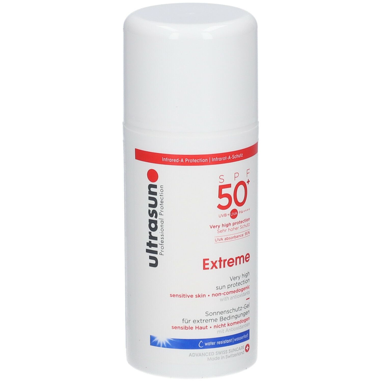 Witte fles met rode en zwarte tekst. Opschrift: ultrasun Extreme SPF 50+. Zonnebrandgel voor gevoelige huid.