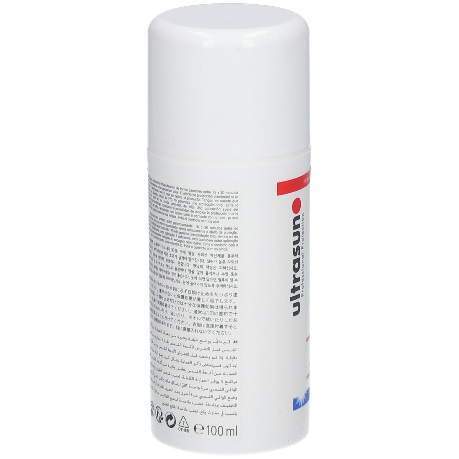 Witte fles met meertalige tekst. Opschrift: ultrasun. Volume: 100 ml. Gebruiksinformatie.