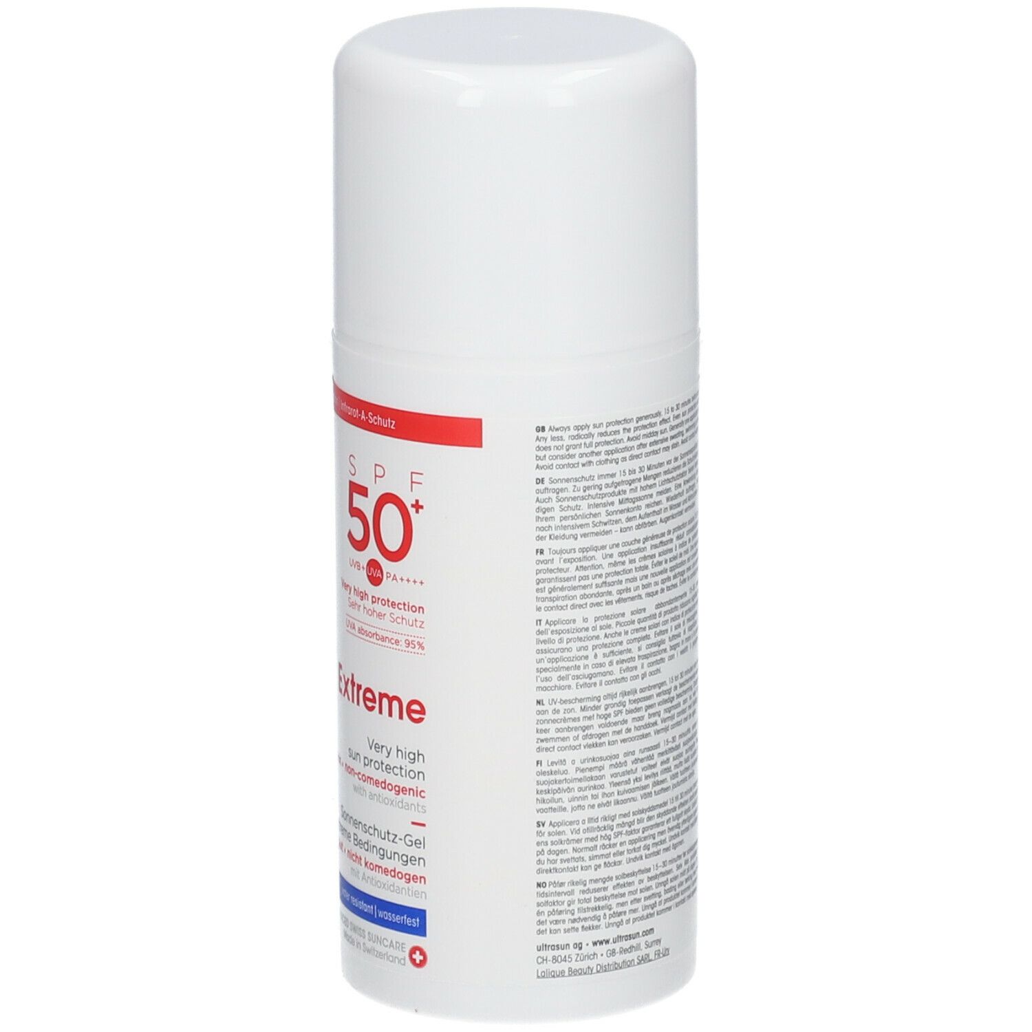 Witte fles met rode en zwarte tekst. Opschrift: ultrasun Extreme SPF 50+. Zonnebrandgel voor gevoelige huid.