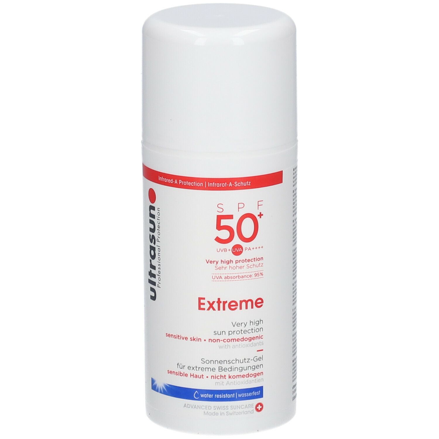 Witte fles met rode en zwarte tekst. Opschrift: ultrasun Extreme SPF 50+. Zonnebrandgel voor gevoelige huid.