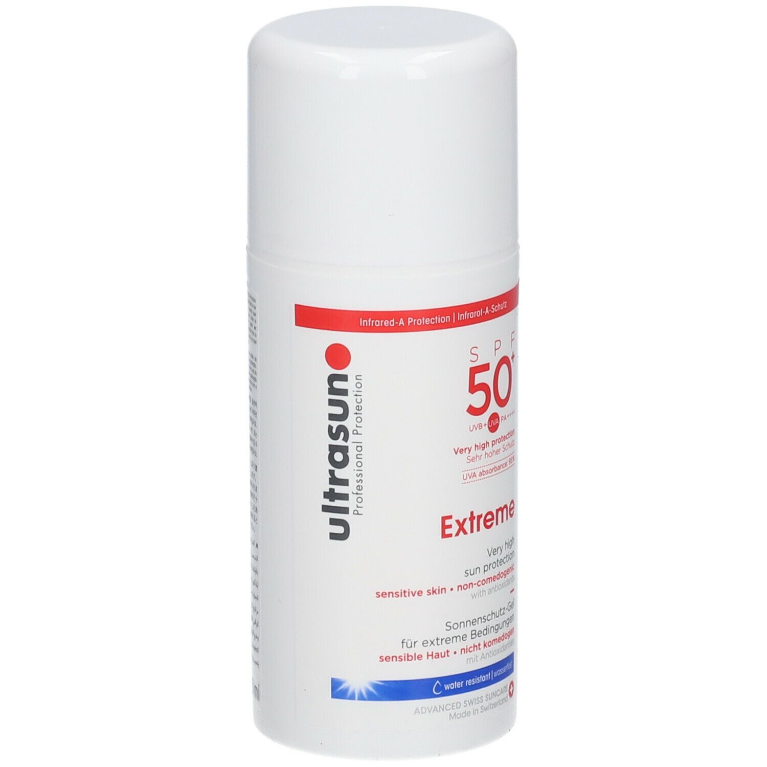 Witte fles met rode en zwarte tekst. Opschrift: ultrasun Extreme SPF 50+. Zonnebrandgel voor gevoelige huid.