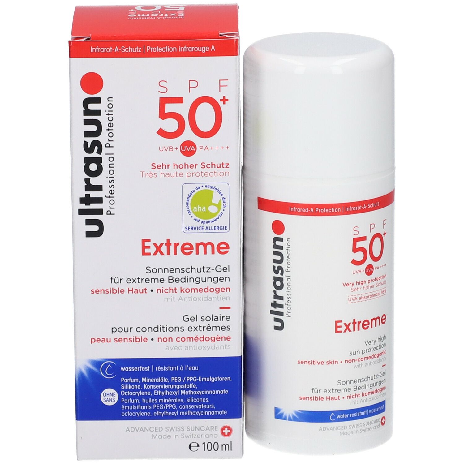 Witte fles en verpakking met rode en zwarte tekst. Opschrift: ultrasun Extreme SPF 50+. 100 ml.