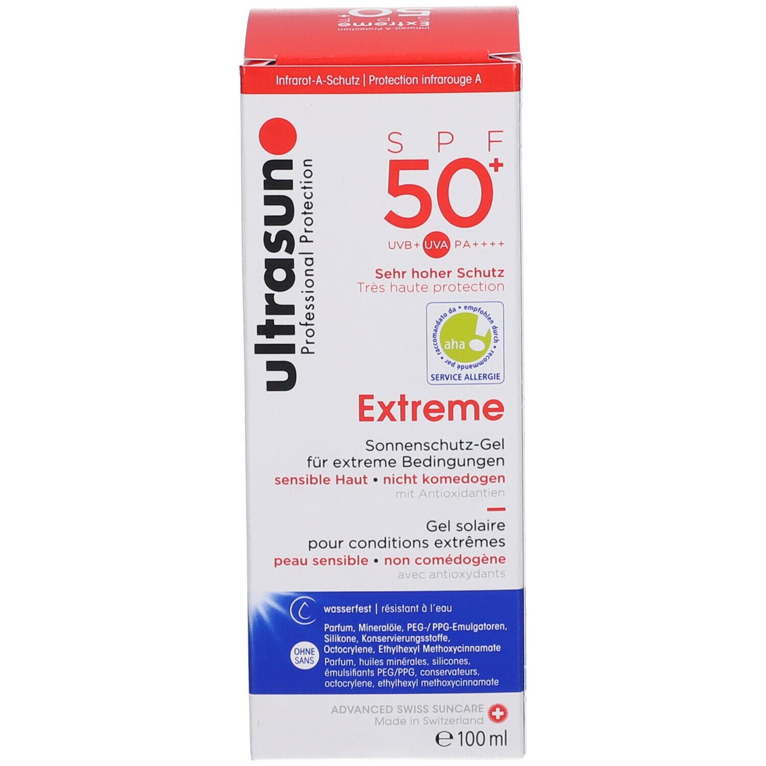 Witte fles en verpakking met rode en zwarte tekst. Opschrift: ultrasun Extreme SPF 50+. 100 ml.