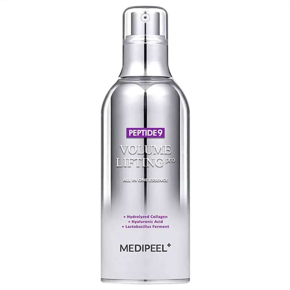 Flacon argenté avec pompe argentée. Étiquette violette avec inscription blanche : PEPTIDE9 VOLUME LIFTING PRO.