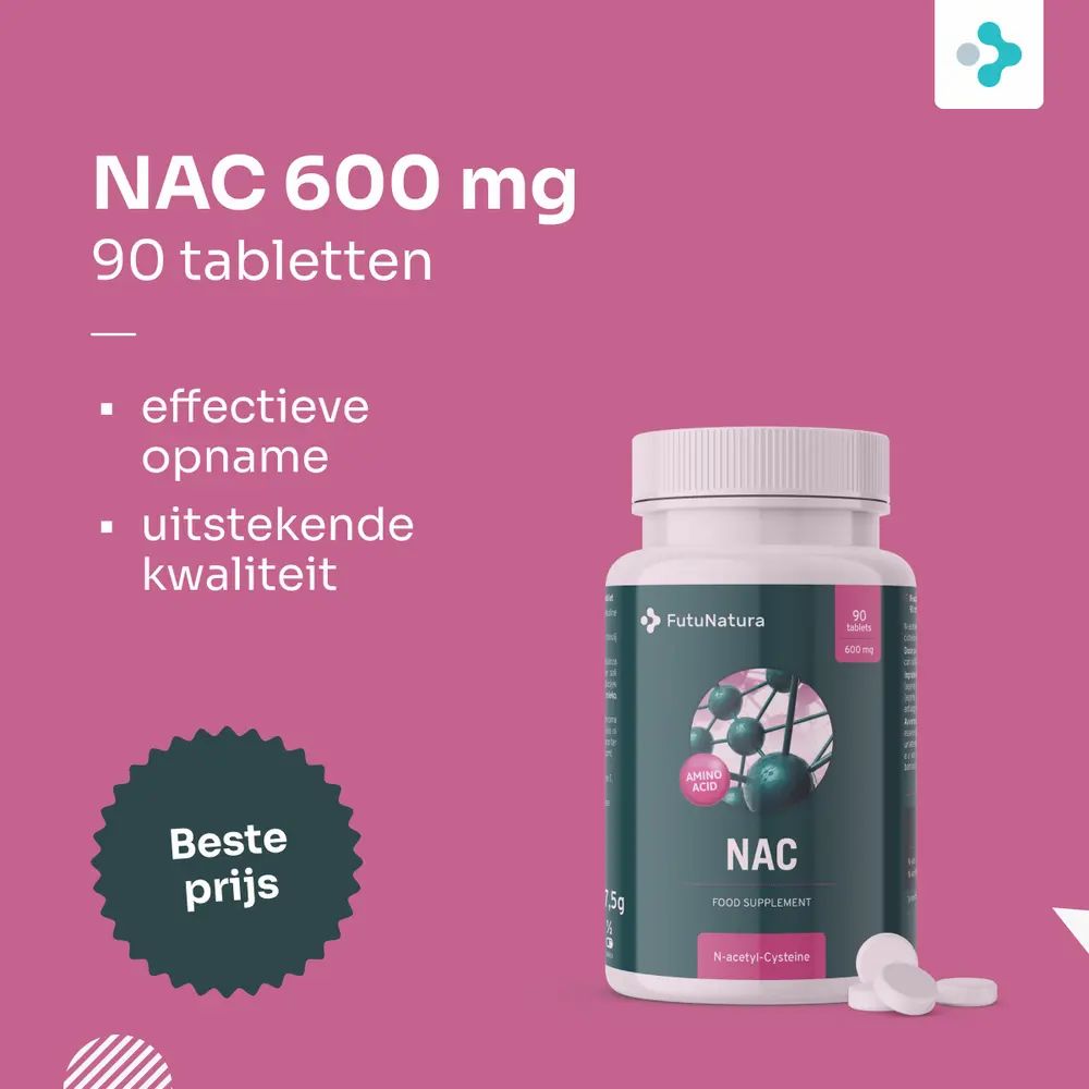 Fles met NAC-tabletten. Opschrift: NAC 600 mg, 90 tabletten. Roze achtergrond. Tekst: Beste prijs.