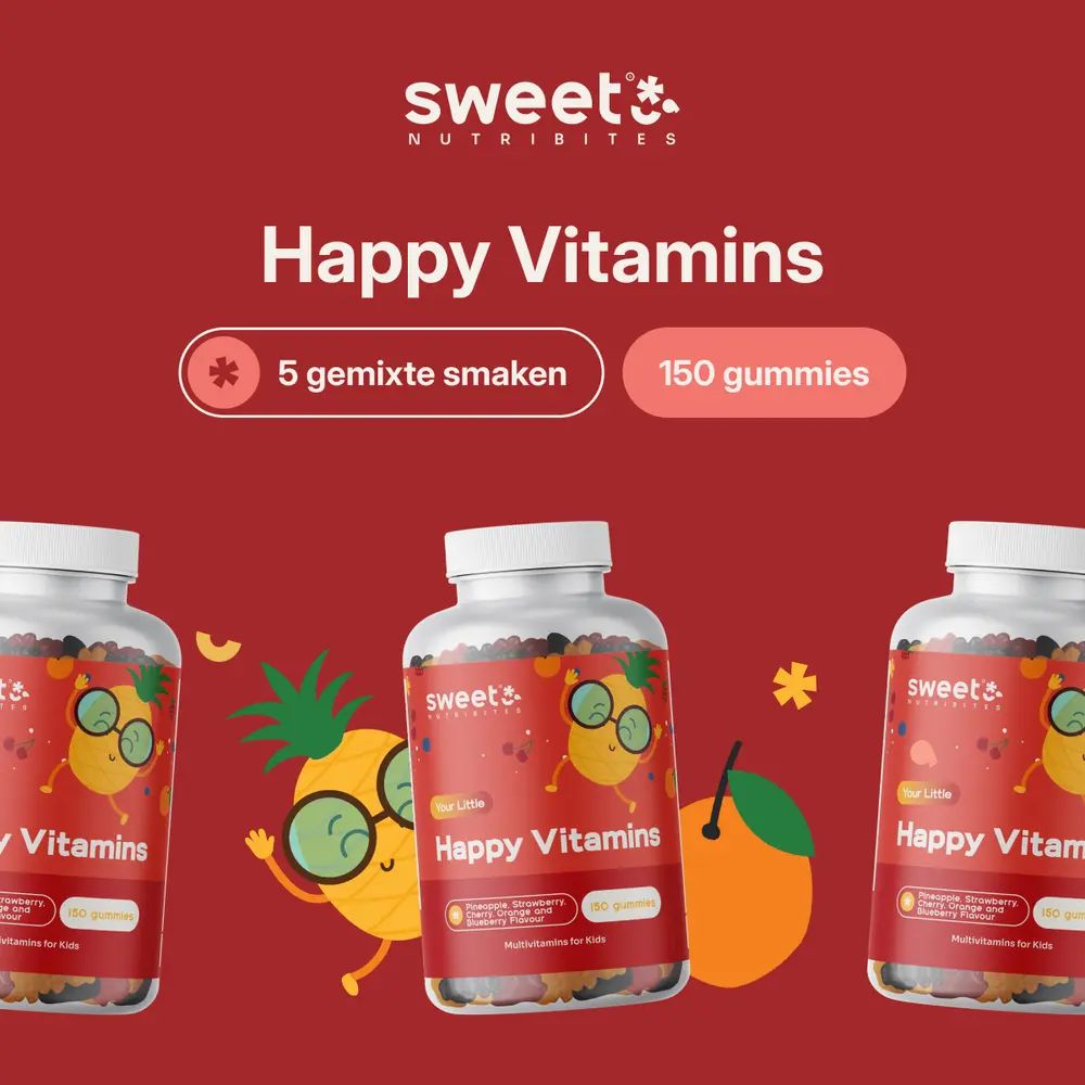 Drie flessen Happy Vitamins. Tekst: 5 gemengde smaken, 150 gummies.