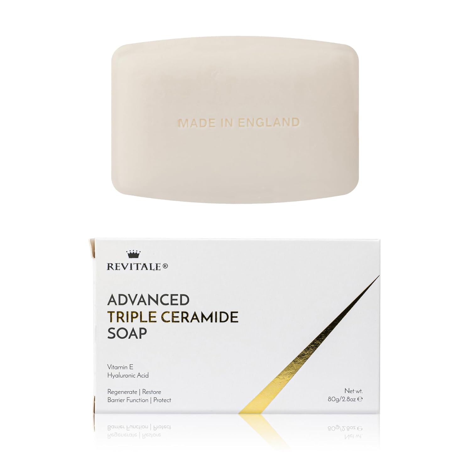 Wit stuk zeep en verpakking. Op de zeep staat 'MADE IN ENGLAND'. Op de verpakking staat 'Revital Advanced Triple Ceramide Soap'.