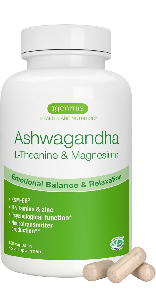 Bouteille blanche de capsules d'Ashwagandha, L-Théanine & Magnésium. Deux capsules à côté.