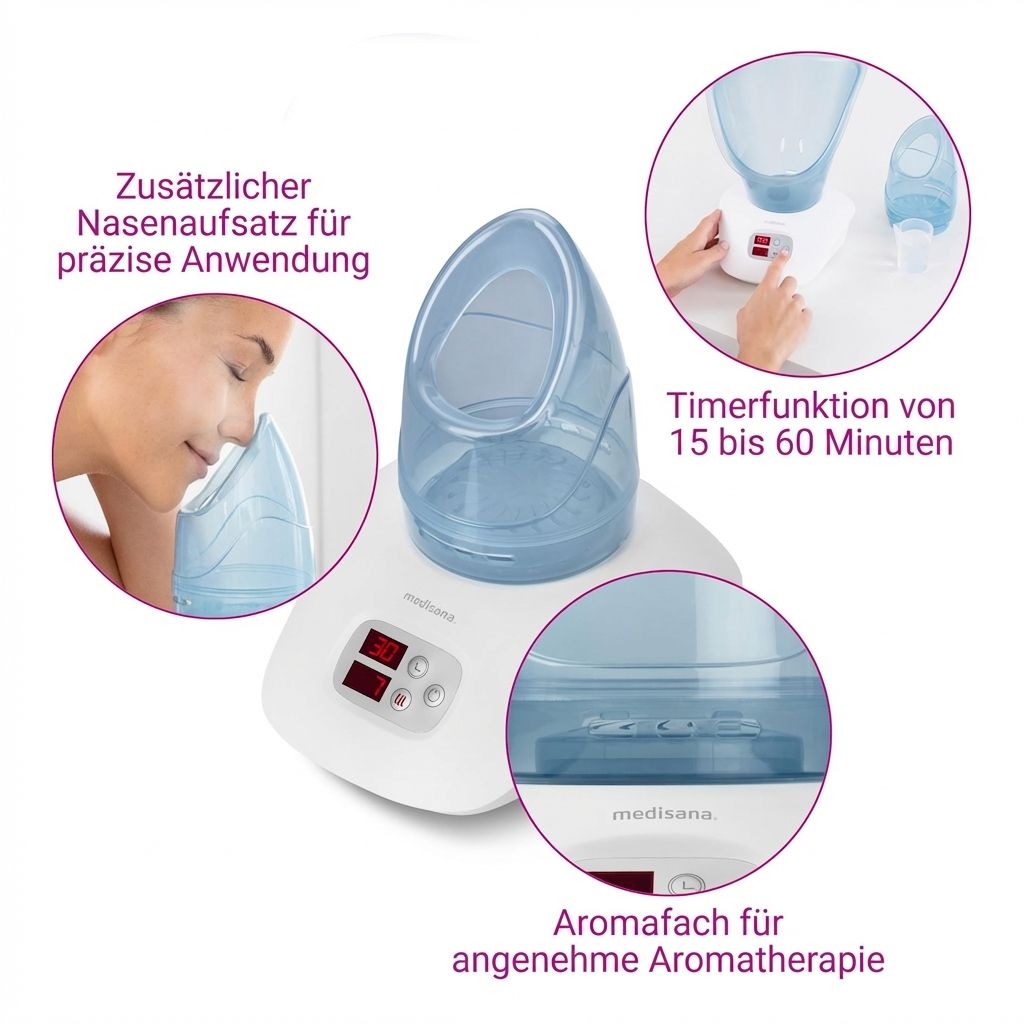 Vapozone avec embout nasal, fonction minuterie (15-60 min) et compartiment arôme.