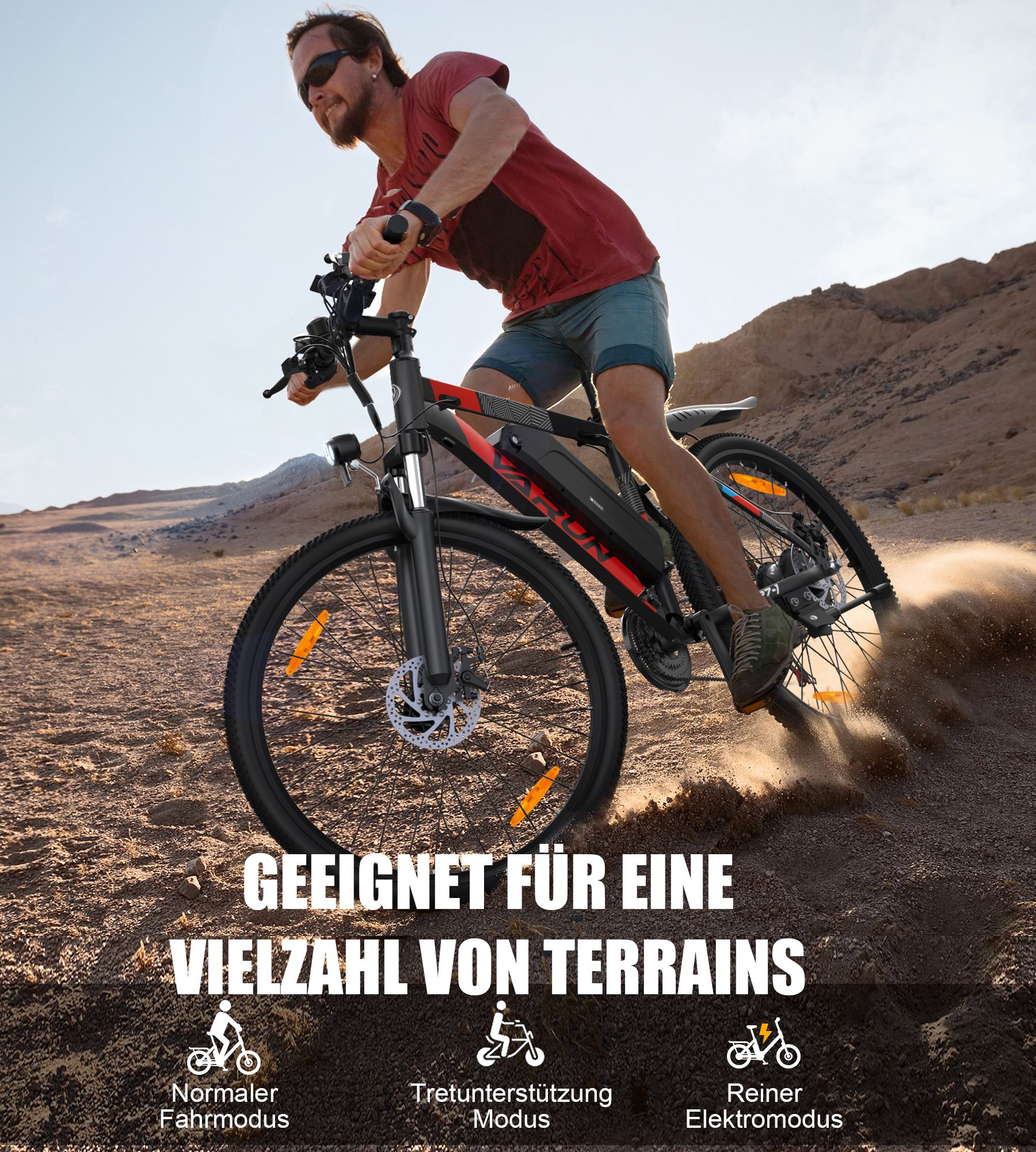 VTT en tout-terrain. Modes: Normal, assistance au pédalage, mode électrique pur. Logo VARUN.
