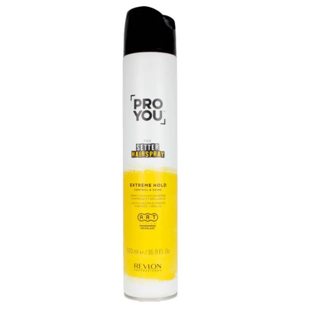 Witte haarspraybus met zwarte dop. Opschrift: PRO YOU, THE SETTER HAIRSPRAY, EXTREME HOLD. Merk: Revlon.