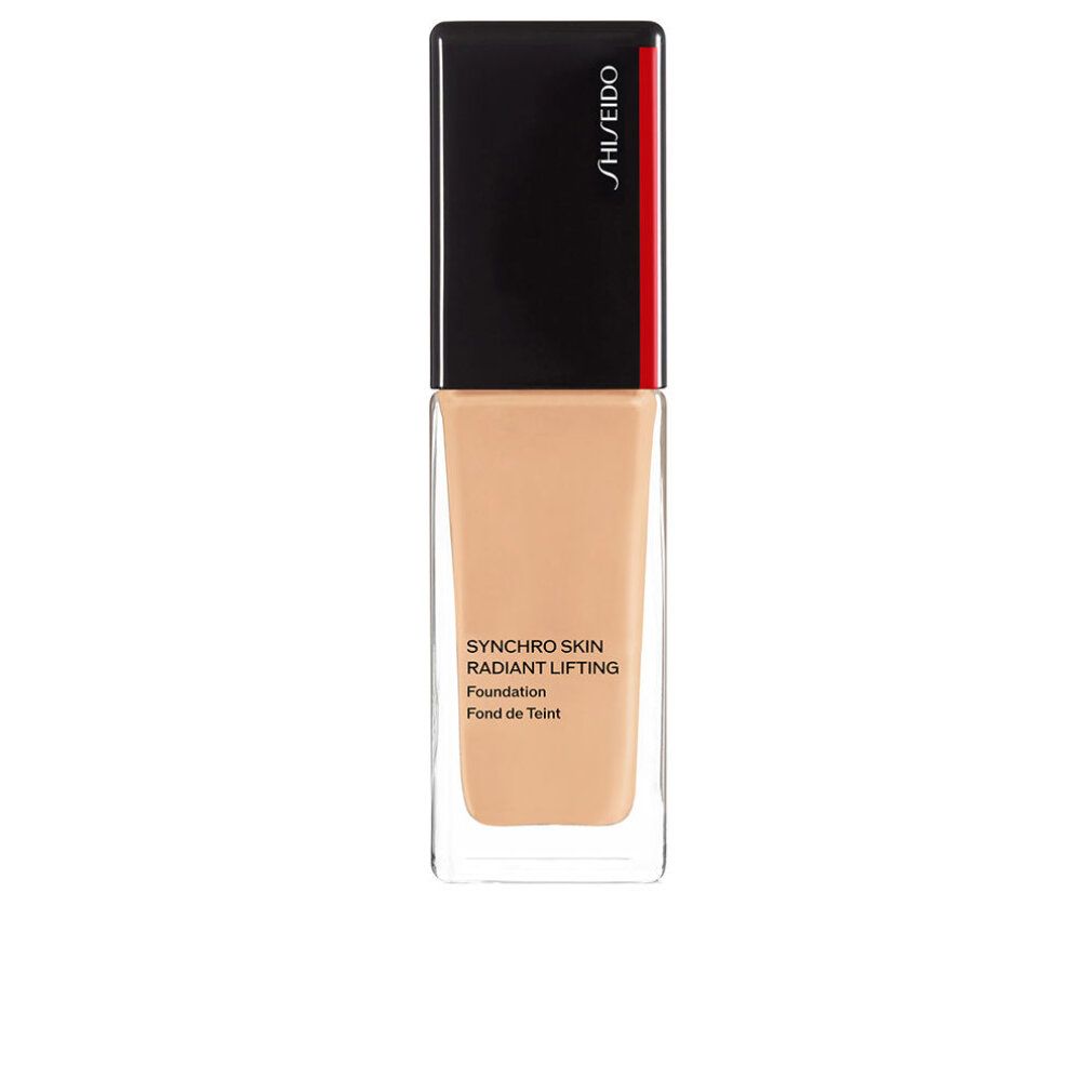 Flacon Shiseido Synchro Skin Radiant Lifting. Forme rectangulaire, base transparente, bouchon noir avec accent rouge. Texte.