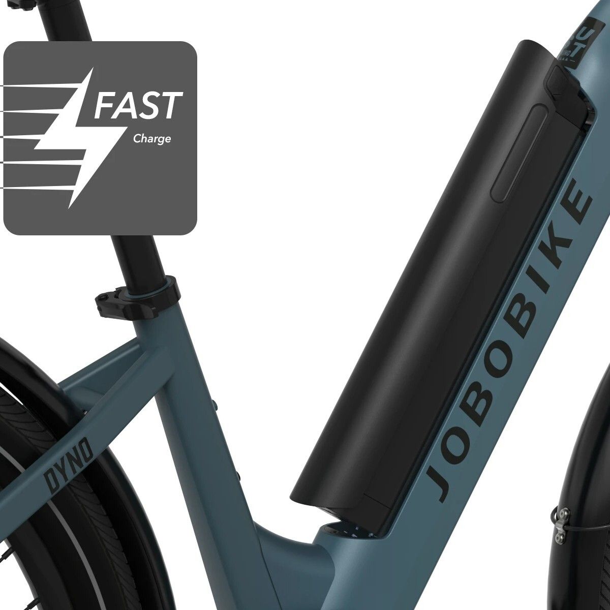 Gros plan du cadre d'un vélo électrique bleu. Logo JOBOBIKE et texte DYNO. Batterie noire.
