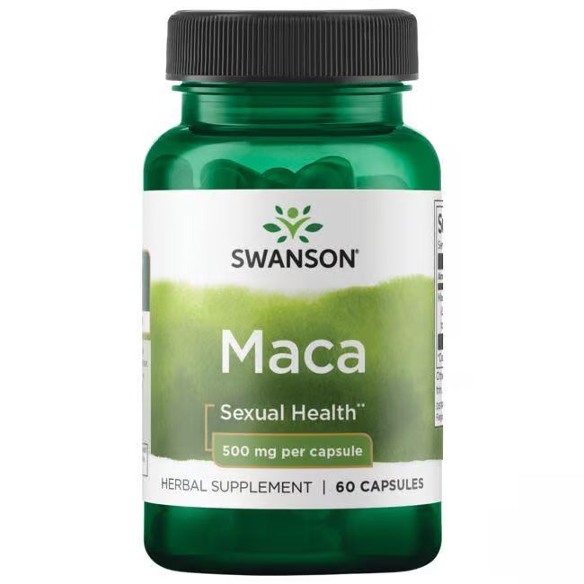 Flacon vert avec bouchon noir. Étiquette "SWANSON Maca", "500 mg par capsule" et "60 capsules".