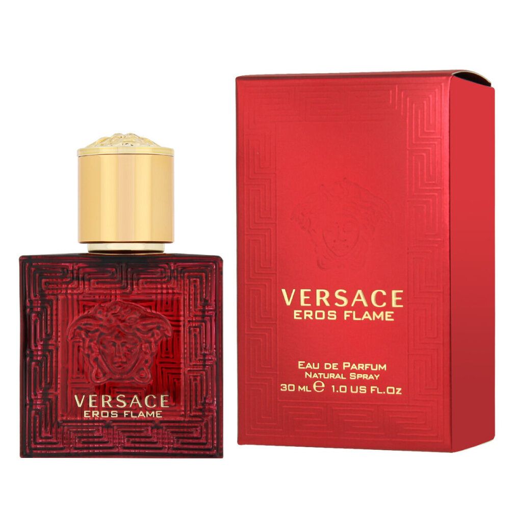 Flacon et boîte de parfum Versace Eros Flame rouge. Forme carrée, bouchon doré, logo en relief.