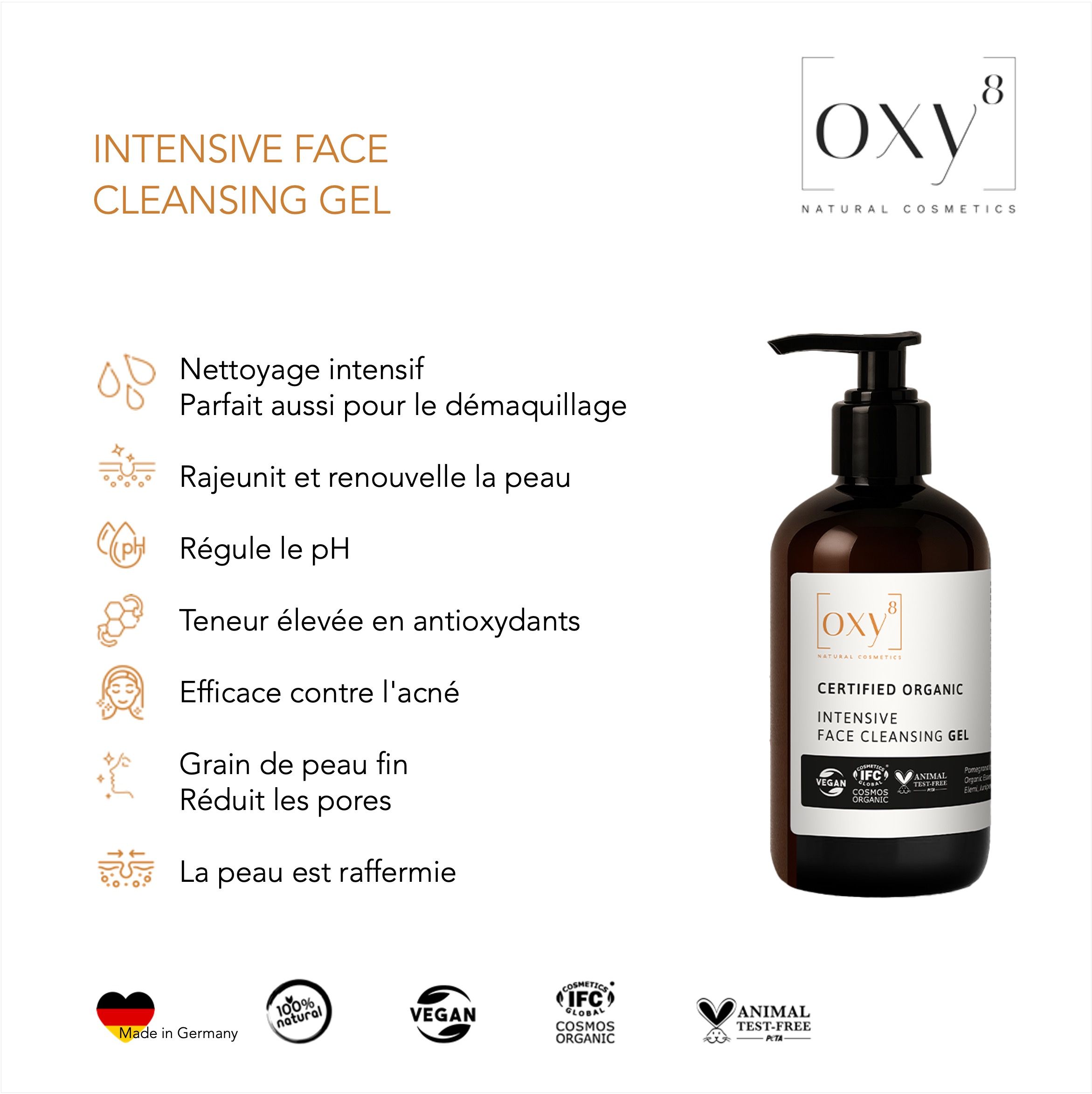 Un flacon de gel nettoyant avec pompe noire. Texte : Intensive Face Cleansing Gel, Vegan, IFC, Cosmos Organic.