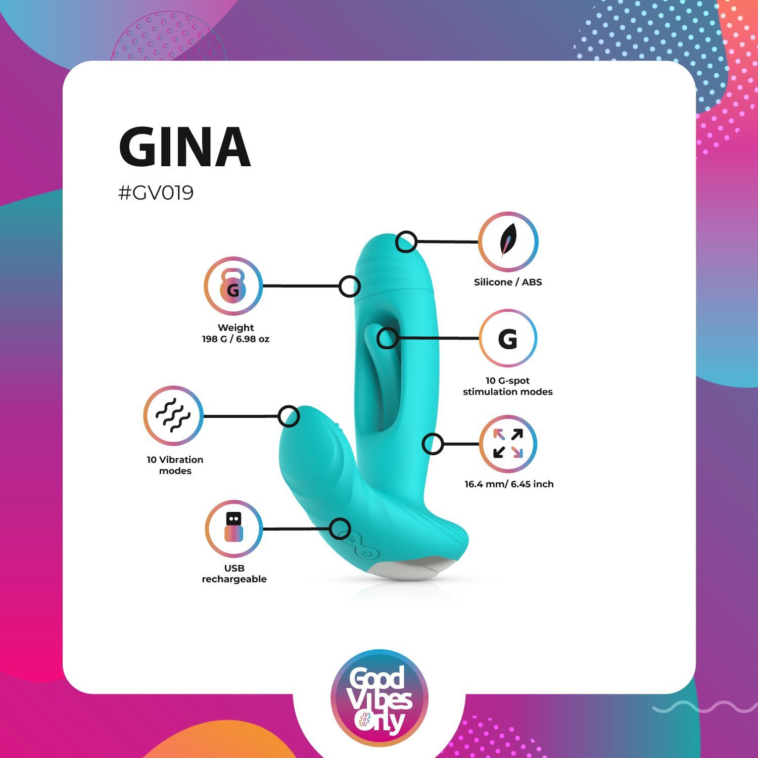 Infographic van "Gina". Toont functies, materiaal, gewicht, vibratiemodi en G-spot-modi.