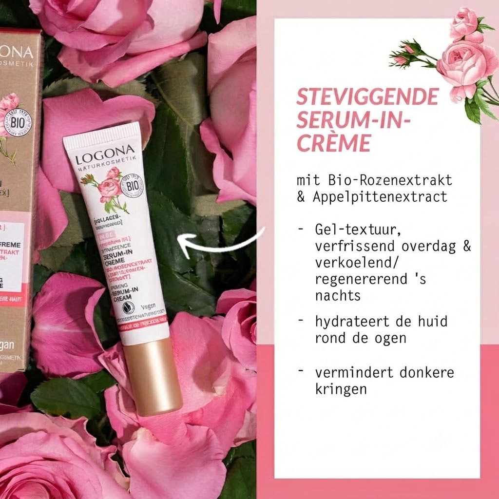 Vrouw brengt LOGONA oogcrème aan, stipjes onder de ogen.