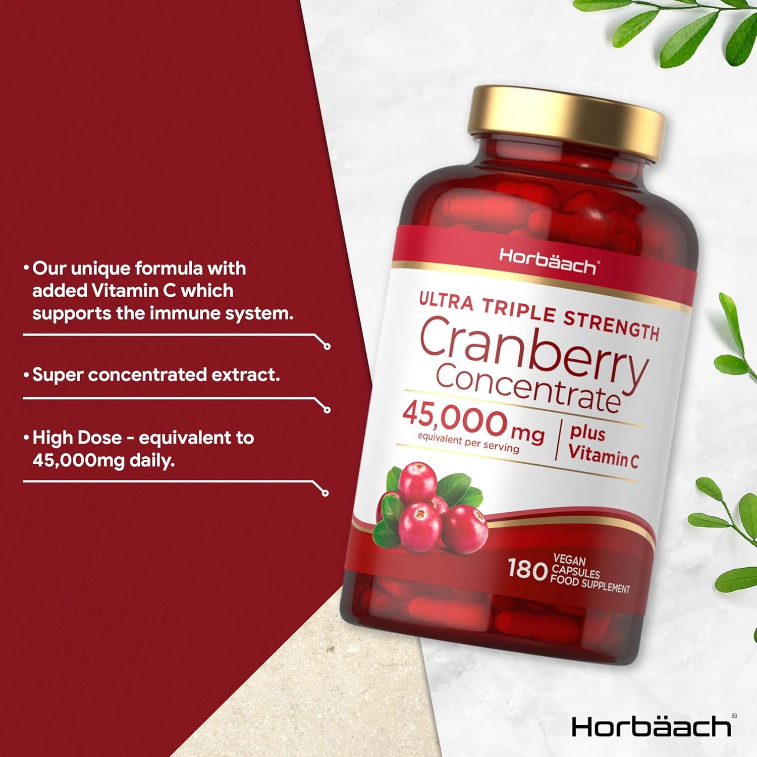 Rode capsules in een fles. Opschrift: Horbaach, Cranberry Concentrate, 45.000 mg plus vitamine C, 180 capsules.