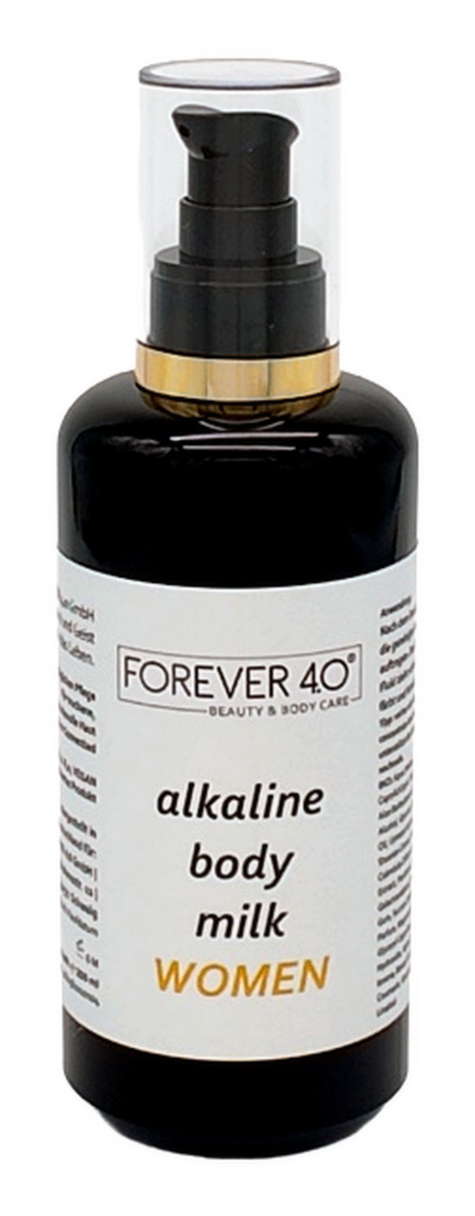 Zwarte fles met pomp. Opschrift: FOREVER 40, alkaline body milk, WOMEN.
