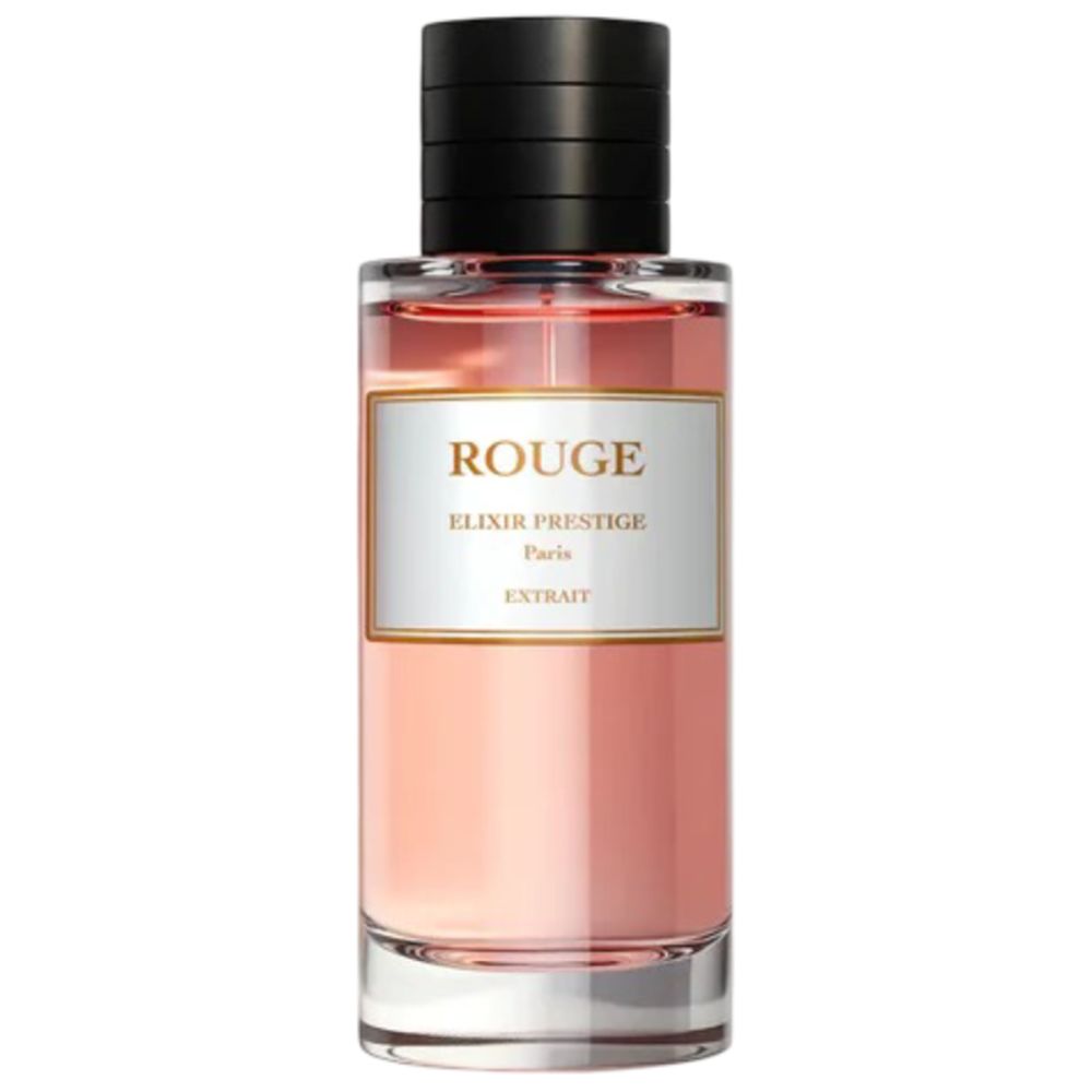 Flacon de parfum avec étiquette blanche et cadre doré. Bouchon noir.