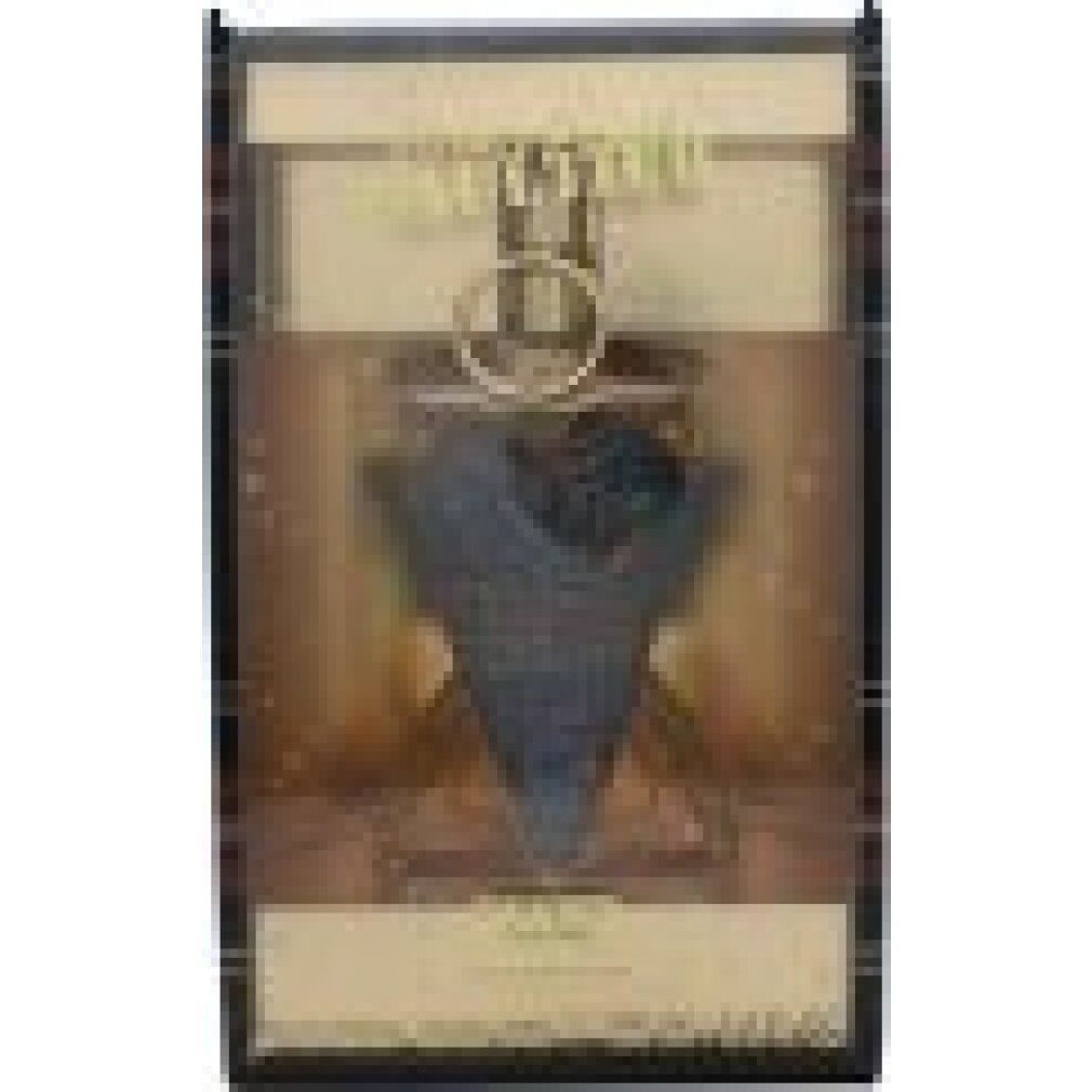 Parfumfles in geschenkverpakking. Fles in korsetvorm met blauw patroon. Gouden details. Merknaam en productnaam zichtbaar.