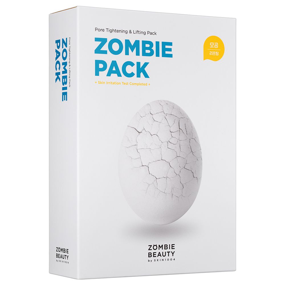 Voorkant van een "Zombie Pack"-doos met gebarsten ei-ontwerp en logo.