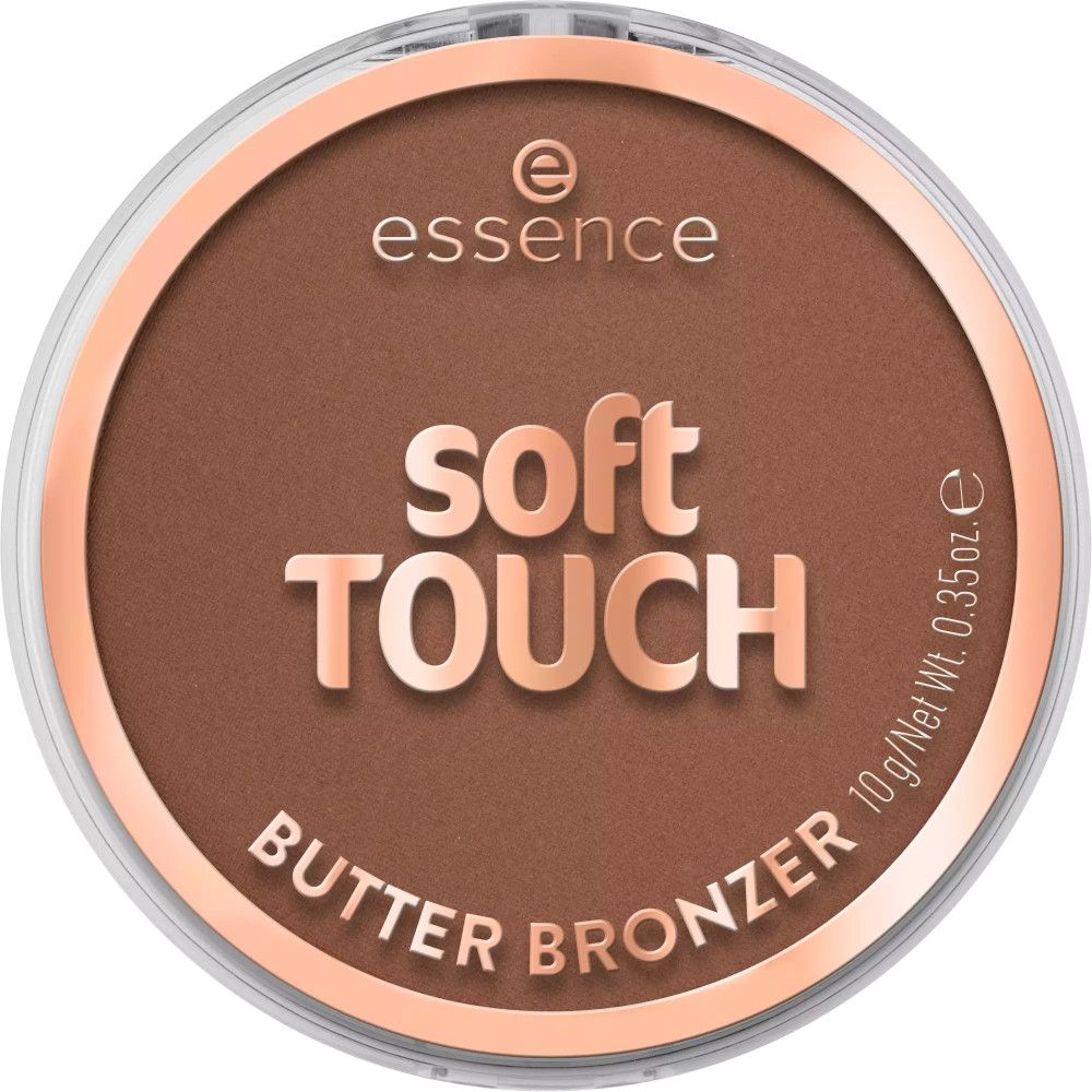 Ronde doos met bruine bronzerpoeder. Op de doos staat "essence soft TOUCH BUTTER BRONZER".