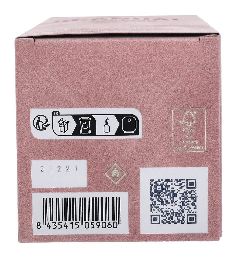 Achterkant van een roze parfumdoos. Symbolen voor recycling, brandbare vloeistof en FSC-label.
