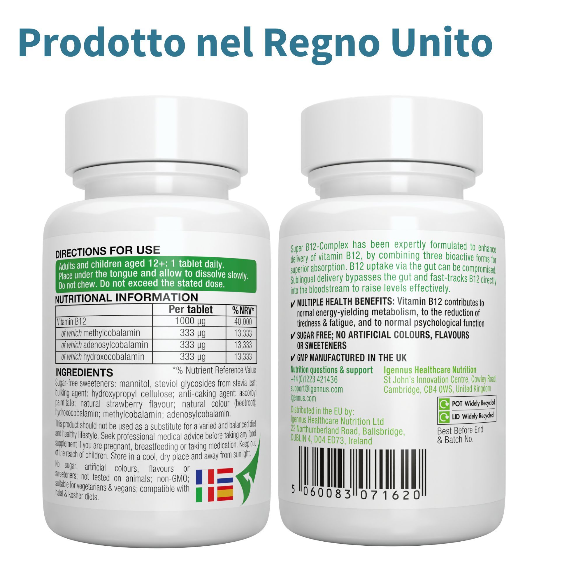 Deux faces d'un flacon blanc. Texte : Super B12-Complex, 1000mcg. Ingrédients, utilisation, informations nutritionnelles.