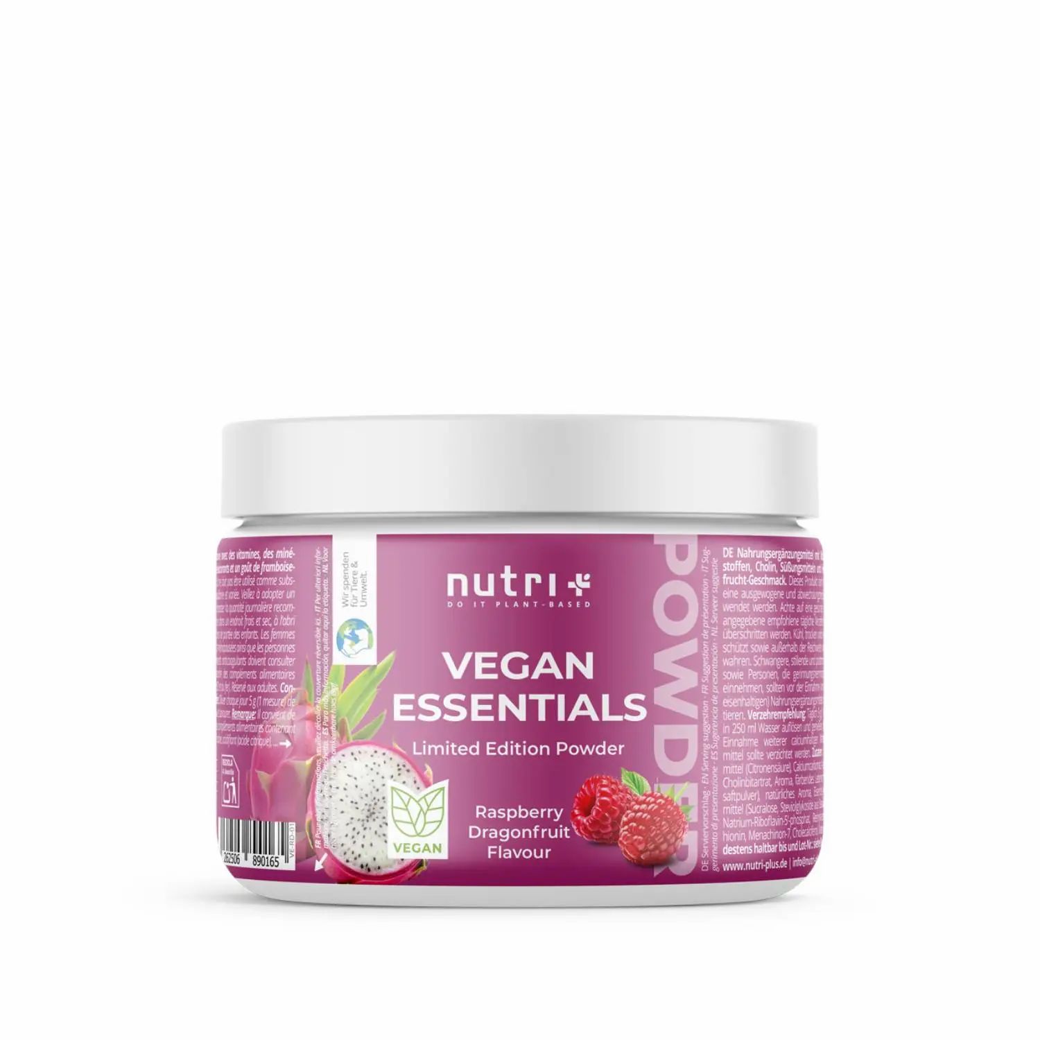 Ronde pot met witte deksel. Opschrift: nutri+ Vegan Essentials, Raspberry Dragonfruit Flavour. Vegan-zegel.