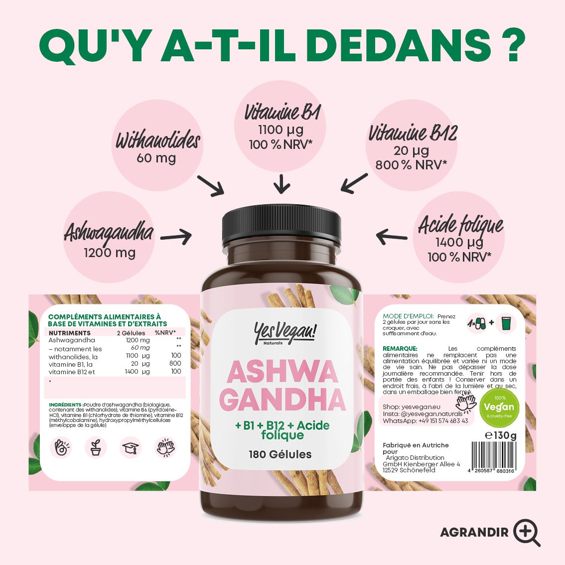 Aperçu des ingrédients : Ashwagandha 1200mg, Vitamines B1, B12, Acide folique. Bouteille 180 gélules.