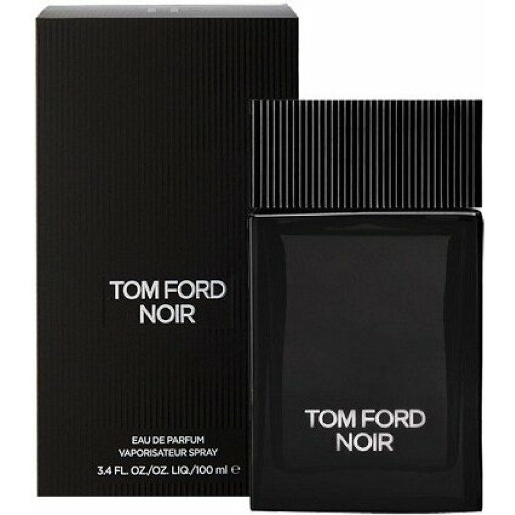 Flacon noir et emballage. Inscription TOM FORD NOIR en blanc. Texte sur l'emballage.