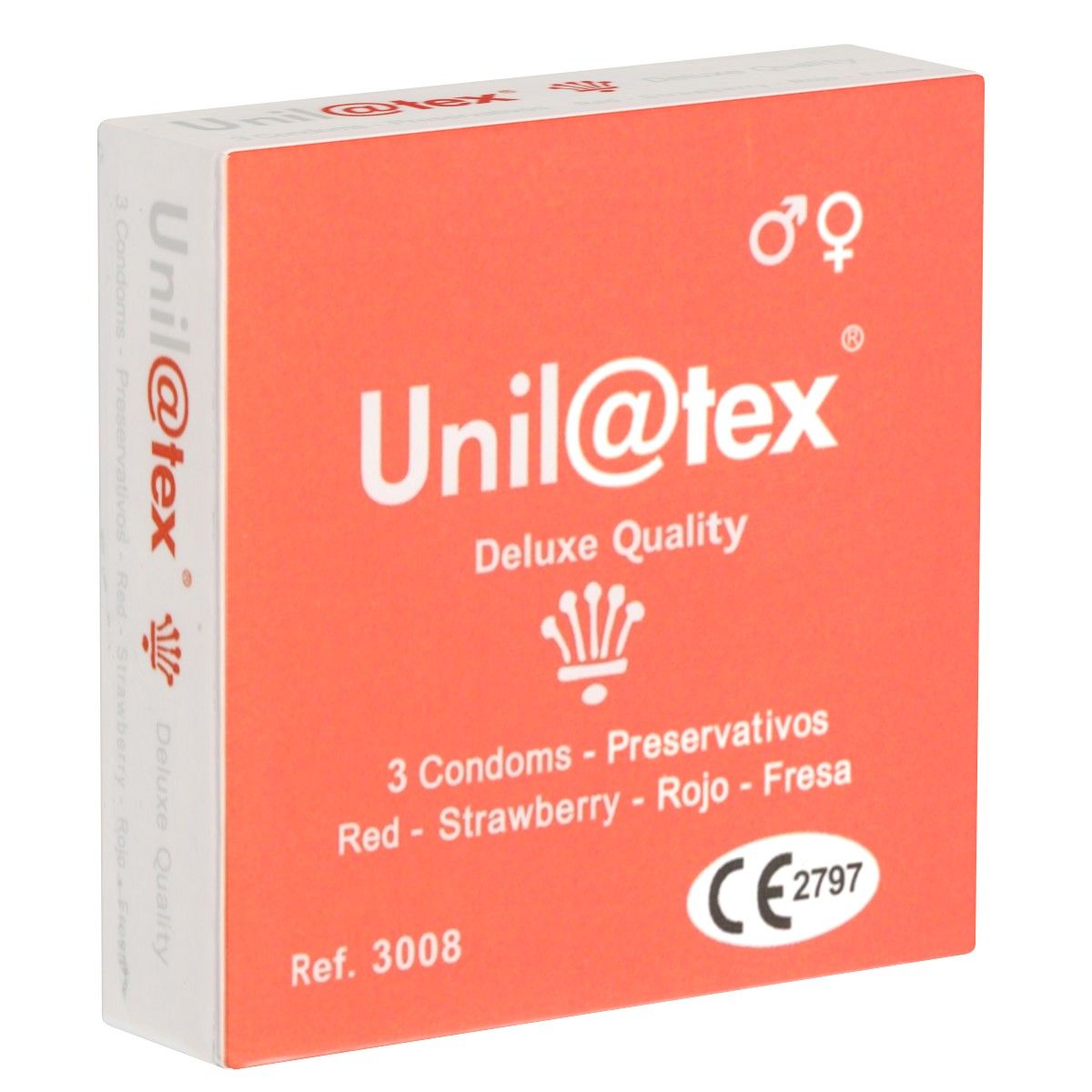 Boîte rouge "Unil@tex". Contient 3 préservatifs, arôme fraise. Marquage CE. Référence 3008.