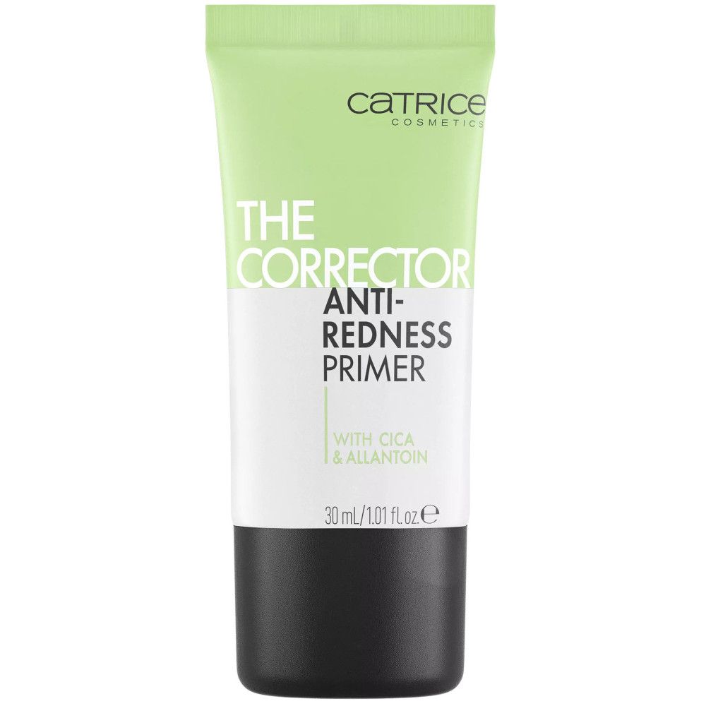 Tube verte avec texte blanc. Contient "The Corrector Anti-Redness Primer" et "Catrice Cosmetics". 30 ml.