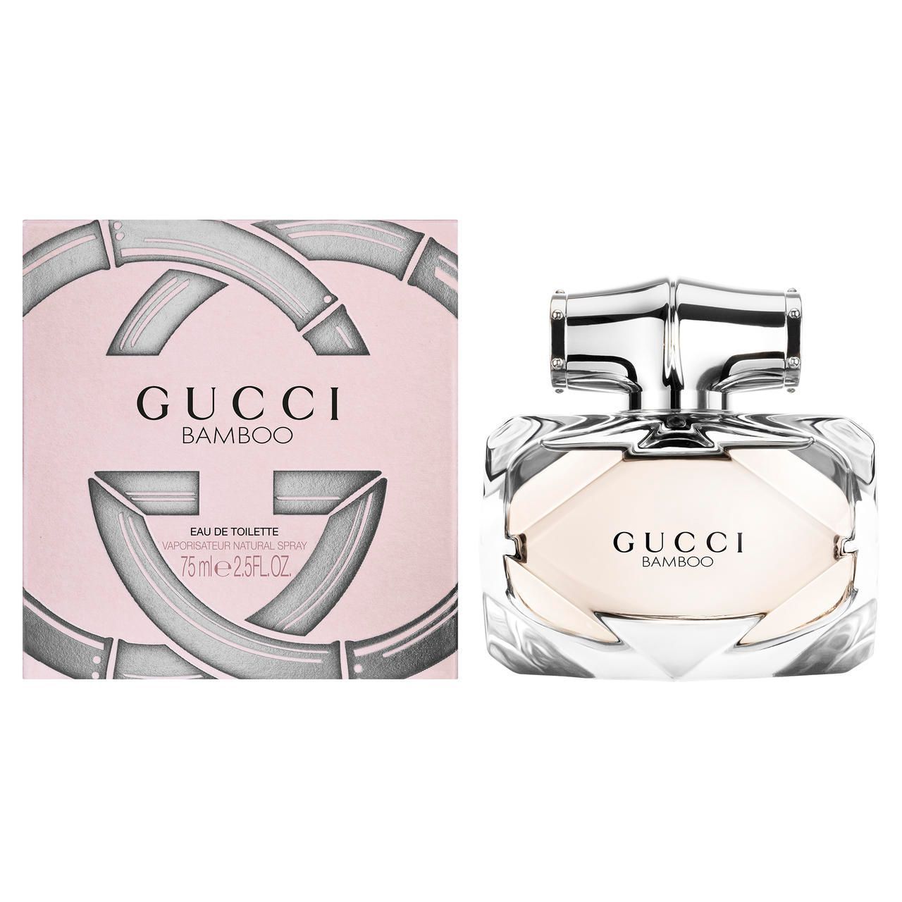 Gucci Bamboo Eau de Toilette Spray. Flacon et emballage. Flacon avec bouchon argenté et flacon en verre. Emballage avec logo et nom du produit.